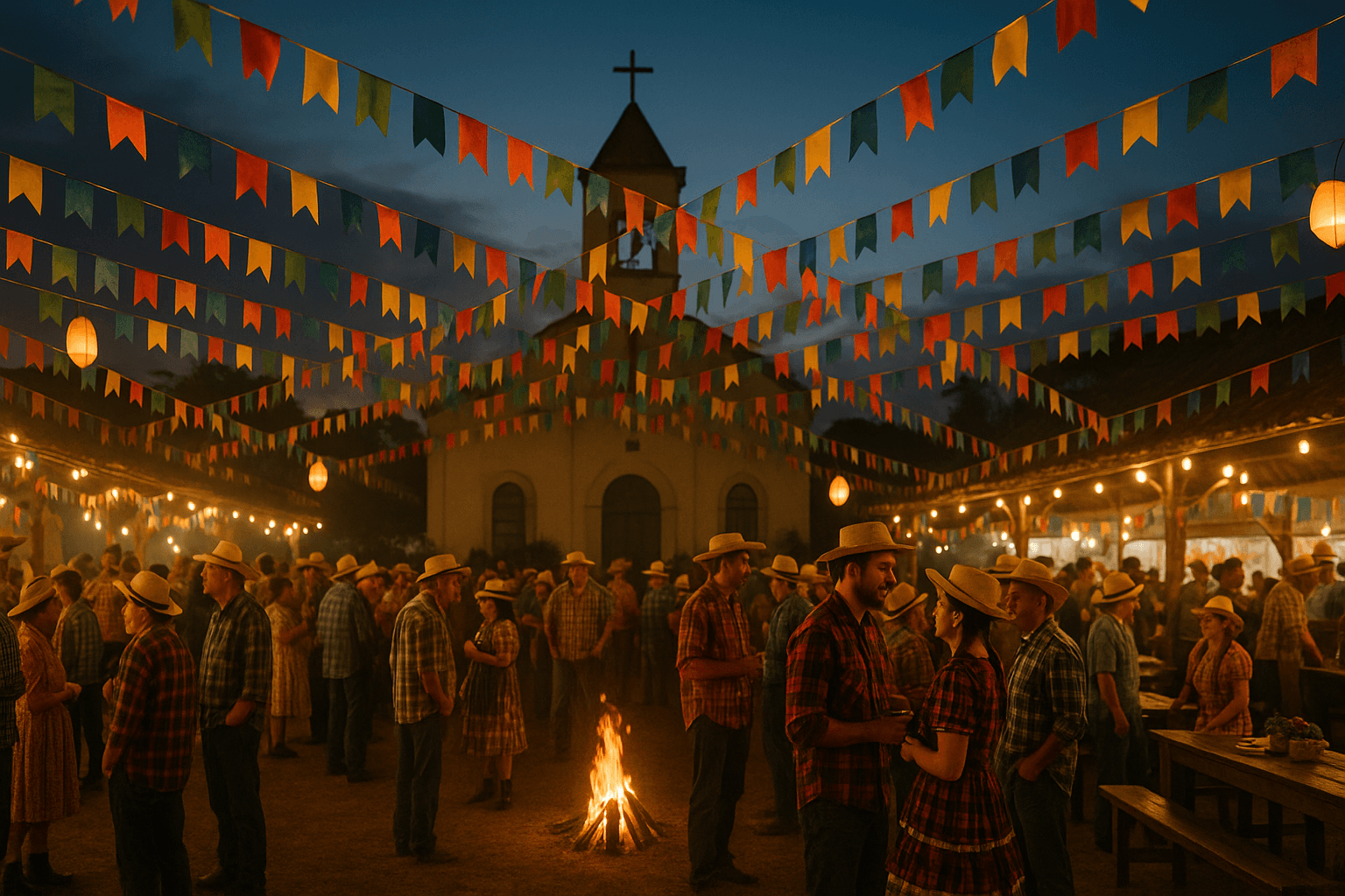 Festa junina de paróquia com bandeirinhas, fogueira e família