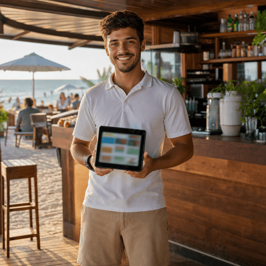 Garçom organizado com tablet entregando pedido