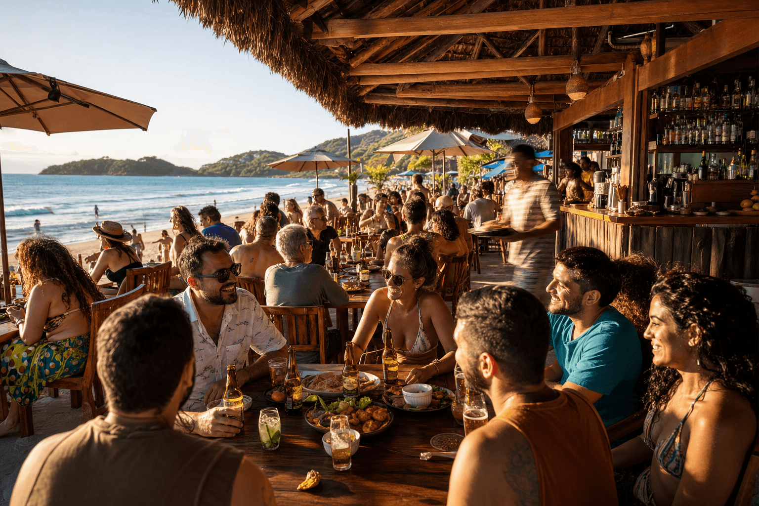 Quiosque de praia brasileiro lotado em dia ensolarado, clientes consumindo