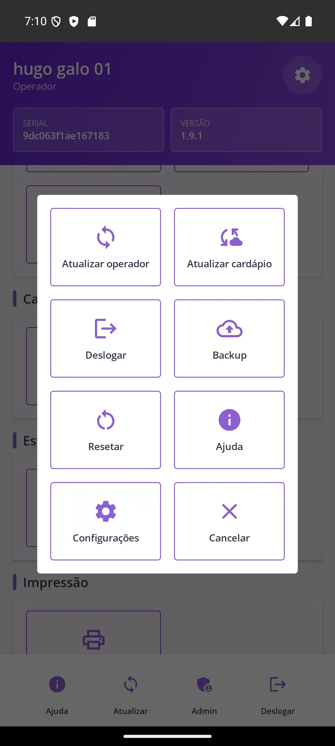 Menu da engrenagem
