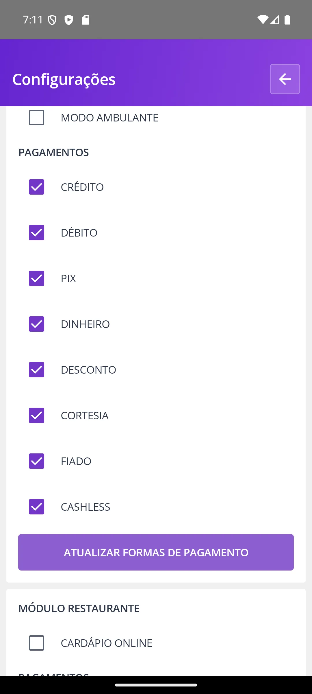Formas de pagamento