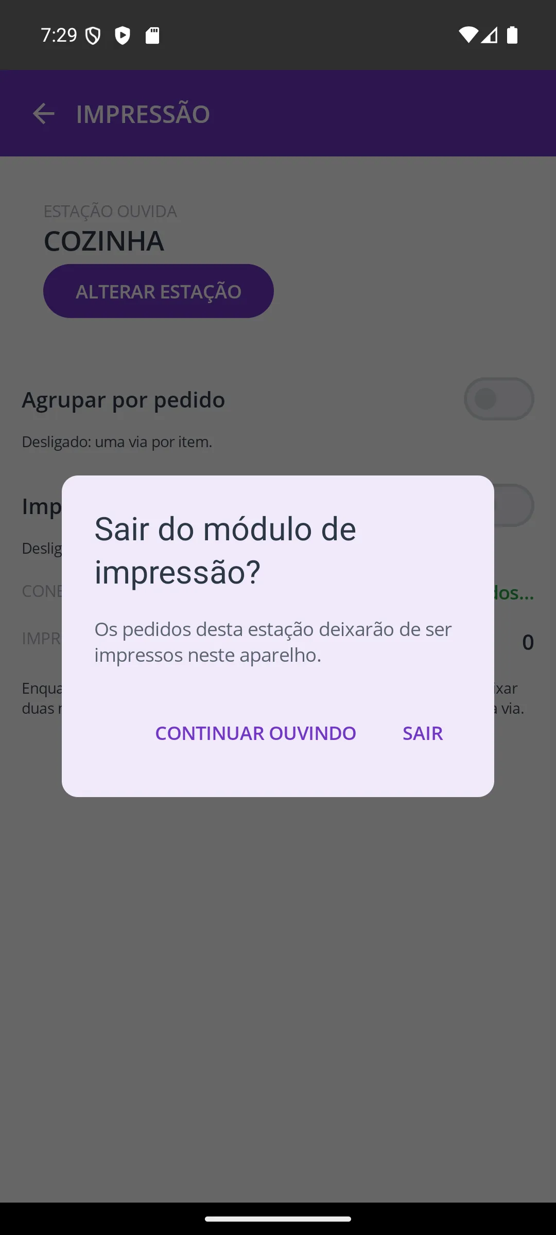 Tela Sair da impressão na maquininha