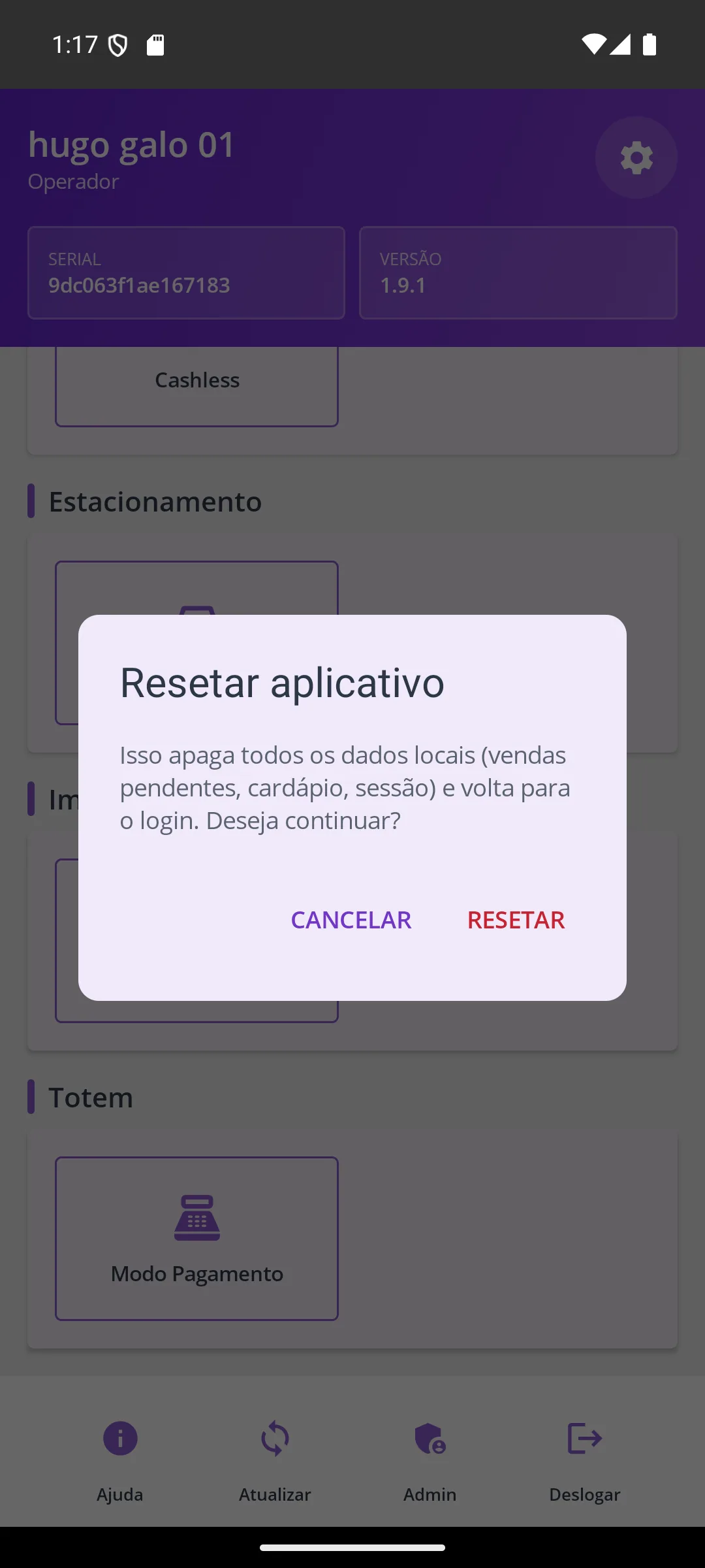 Tela Resetar (menu da engrenagem) na maquininha