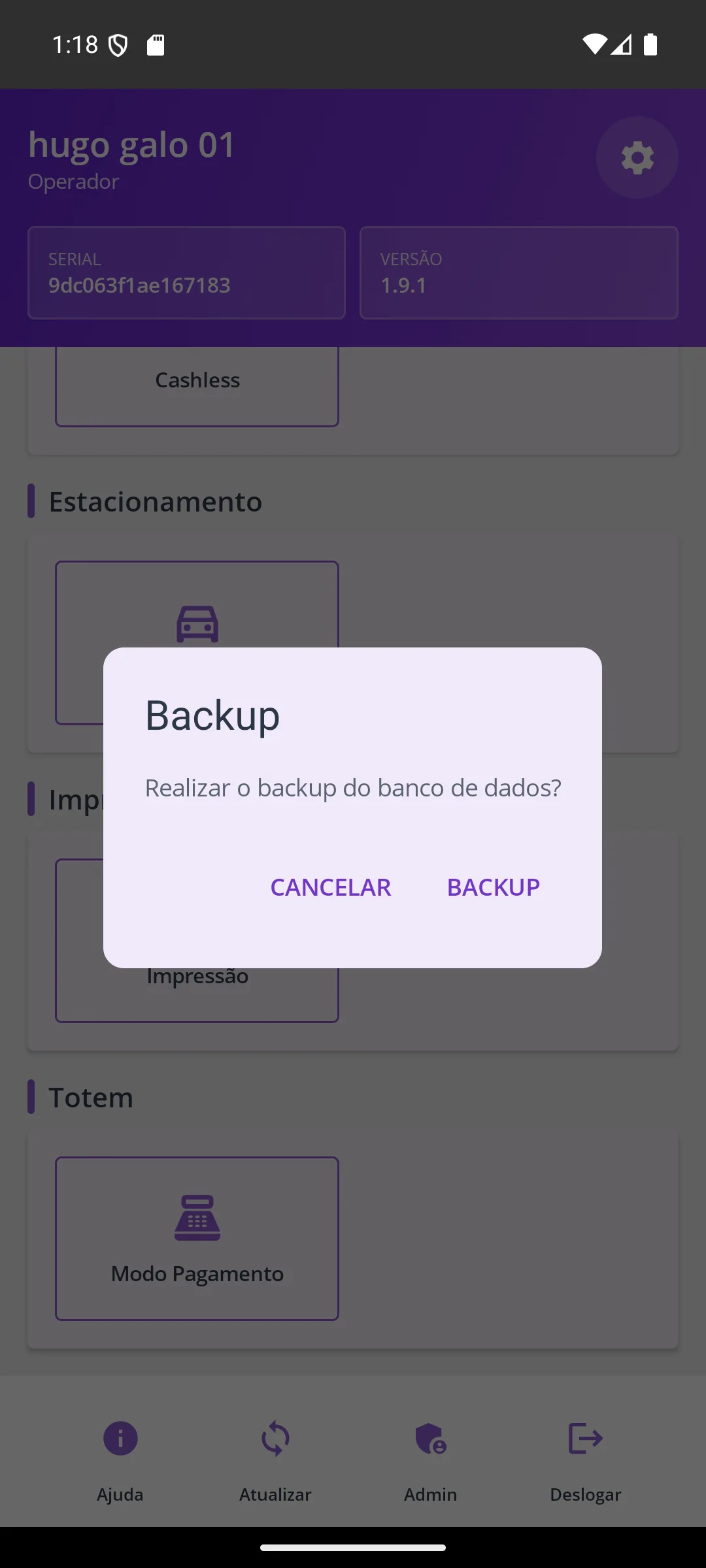 Tela Backup do banco na maquininha