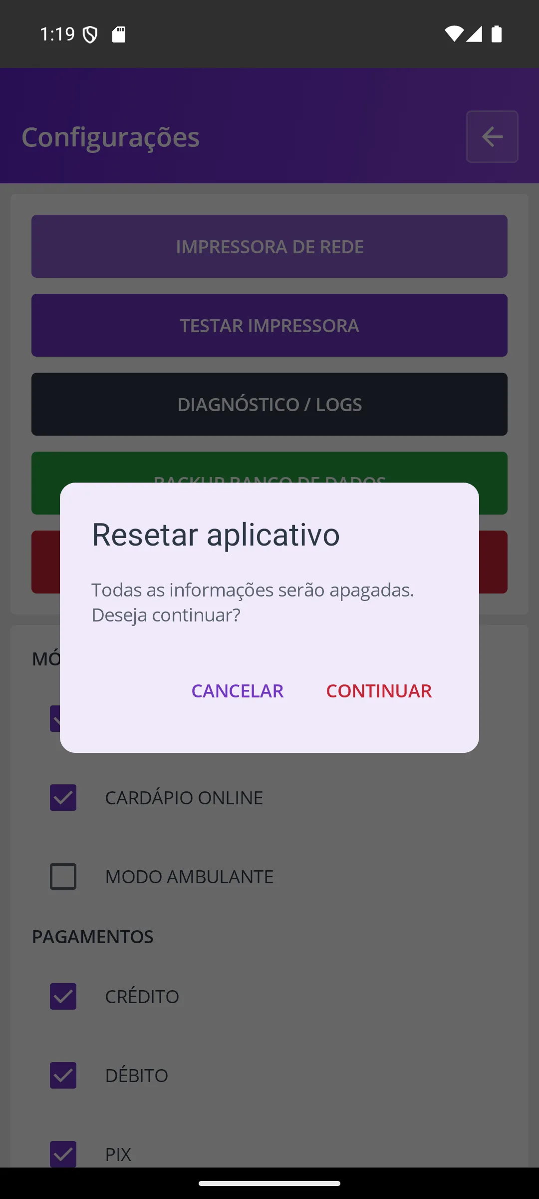 Tela Resetar aplicativo (Configurações) na maquininha