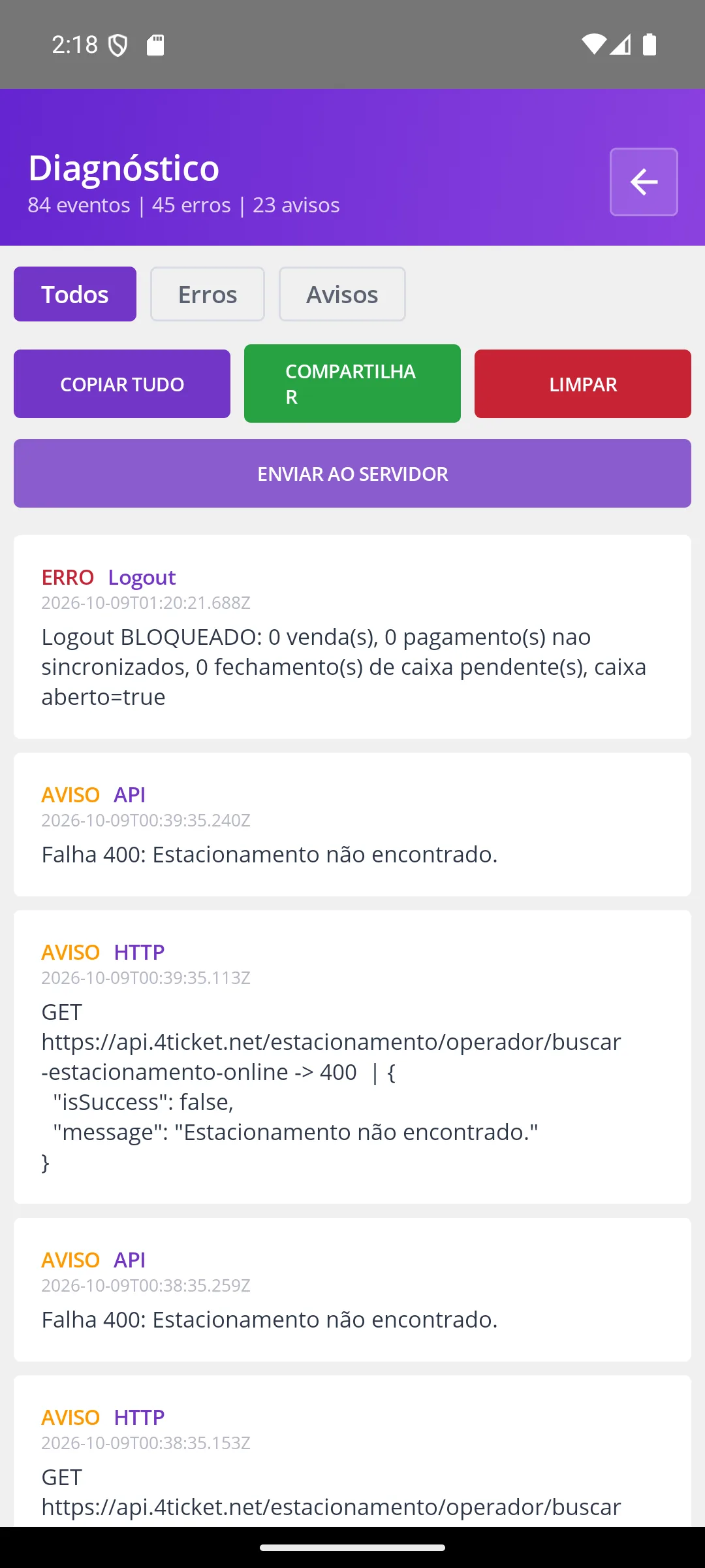 Tela Diagnóstico / Logs na maquininha
