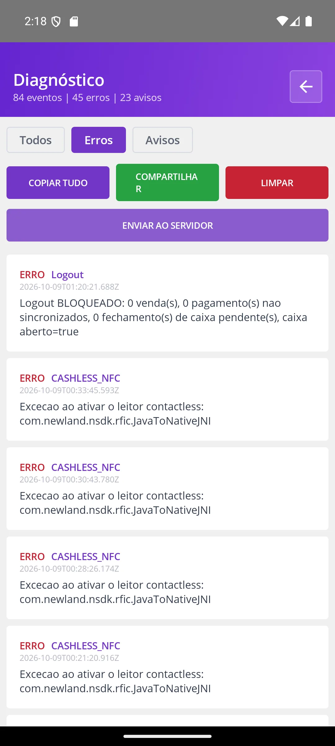 Tela Diagnóstico (só erros) na maquininha
