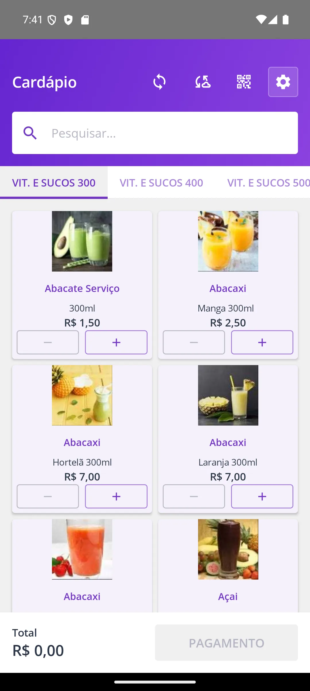 Cardápio da ficha