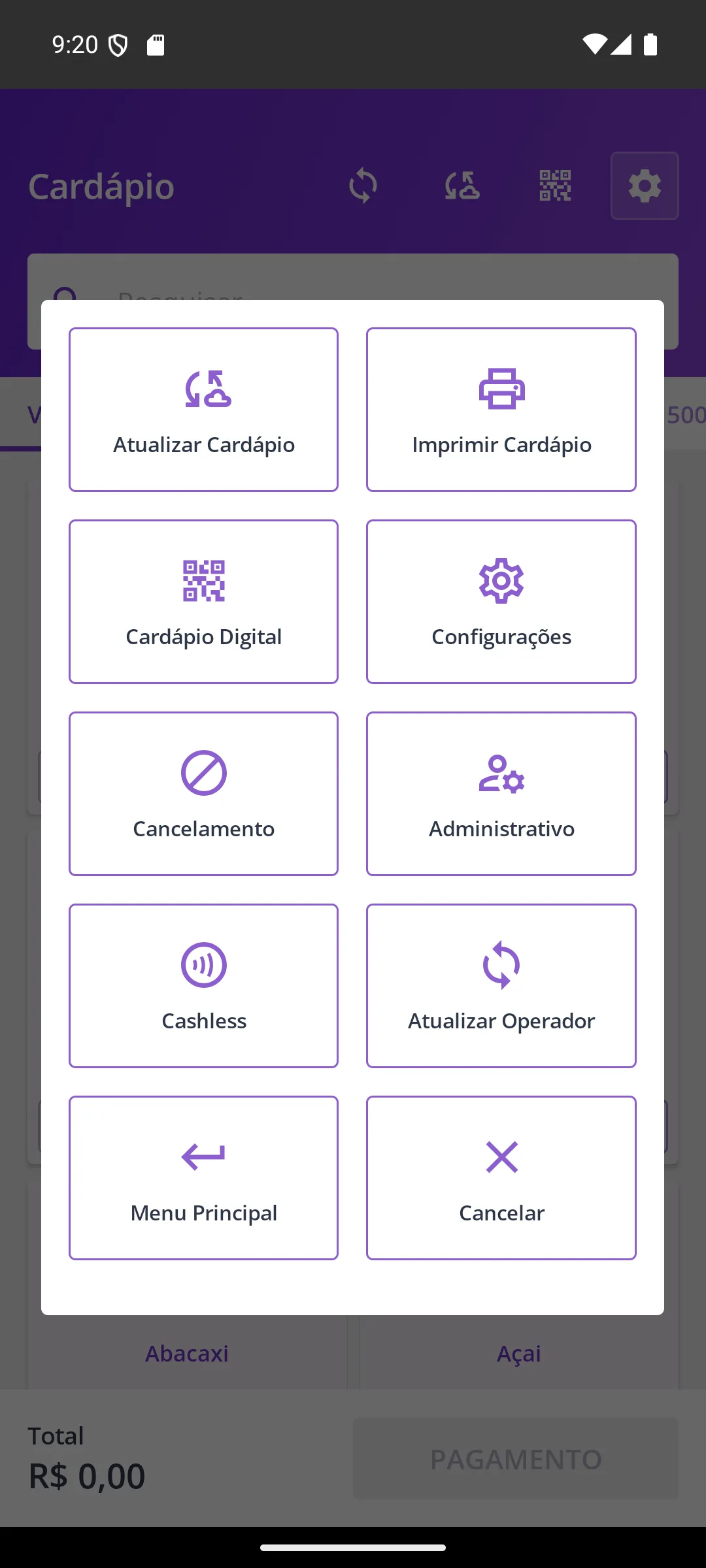 Tela Menu da ficha na maquininha