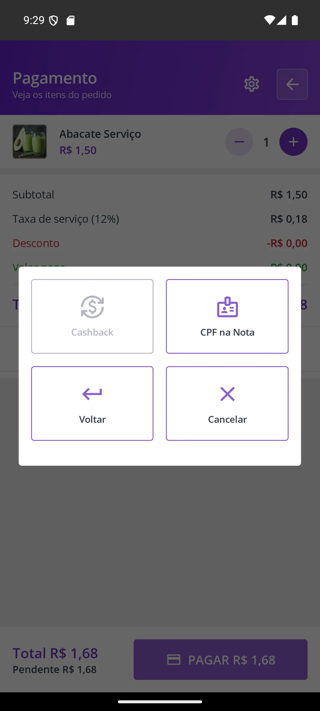 Tela Menu do pagamento na maquininha