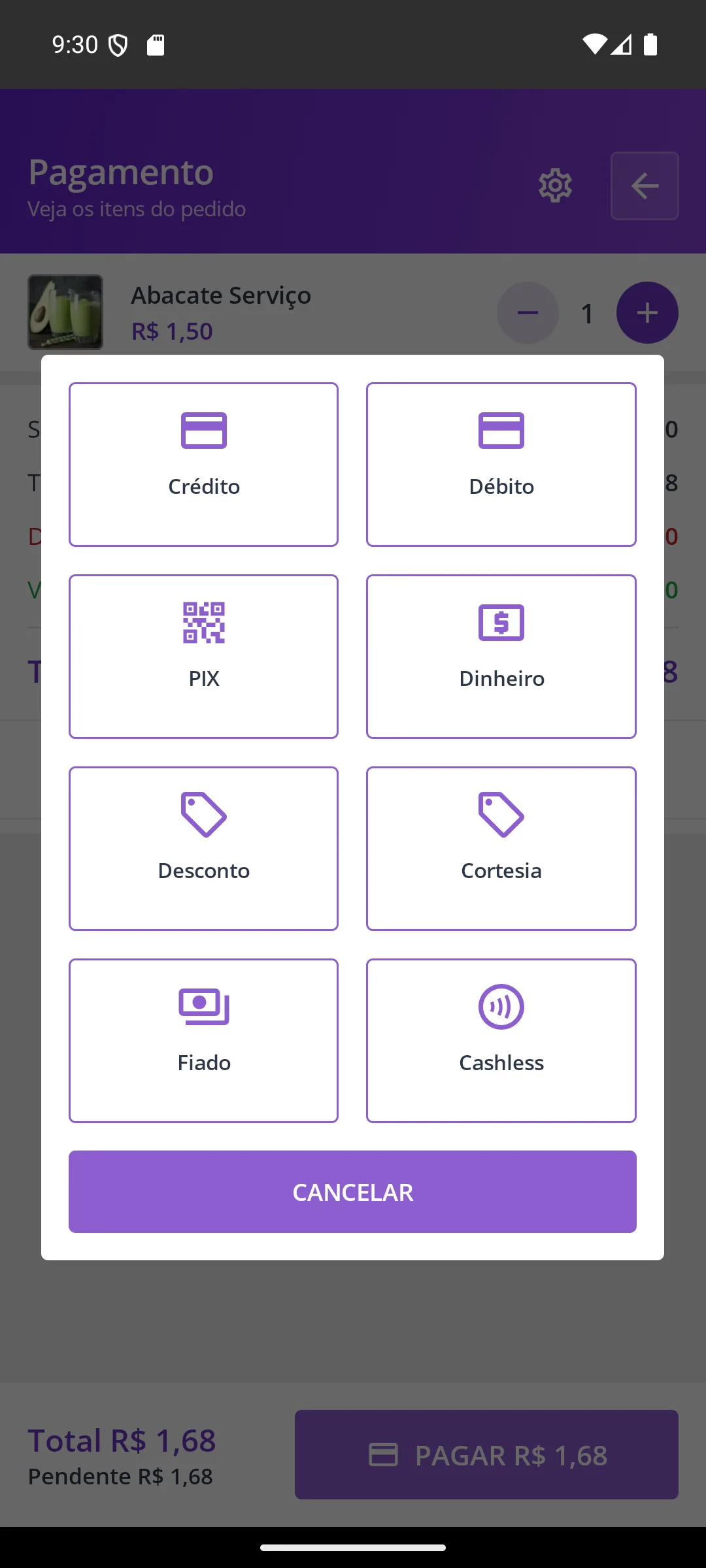 Tela Formas de pagamento na maquininha
