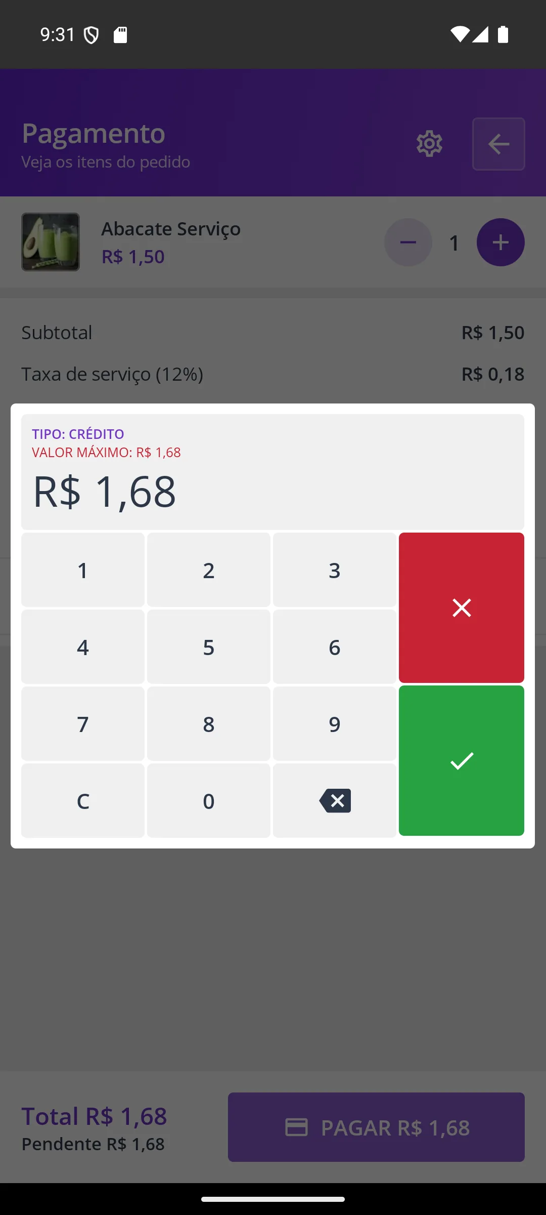 Tela Valor do pagamento na maquininha