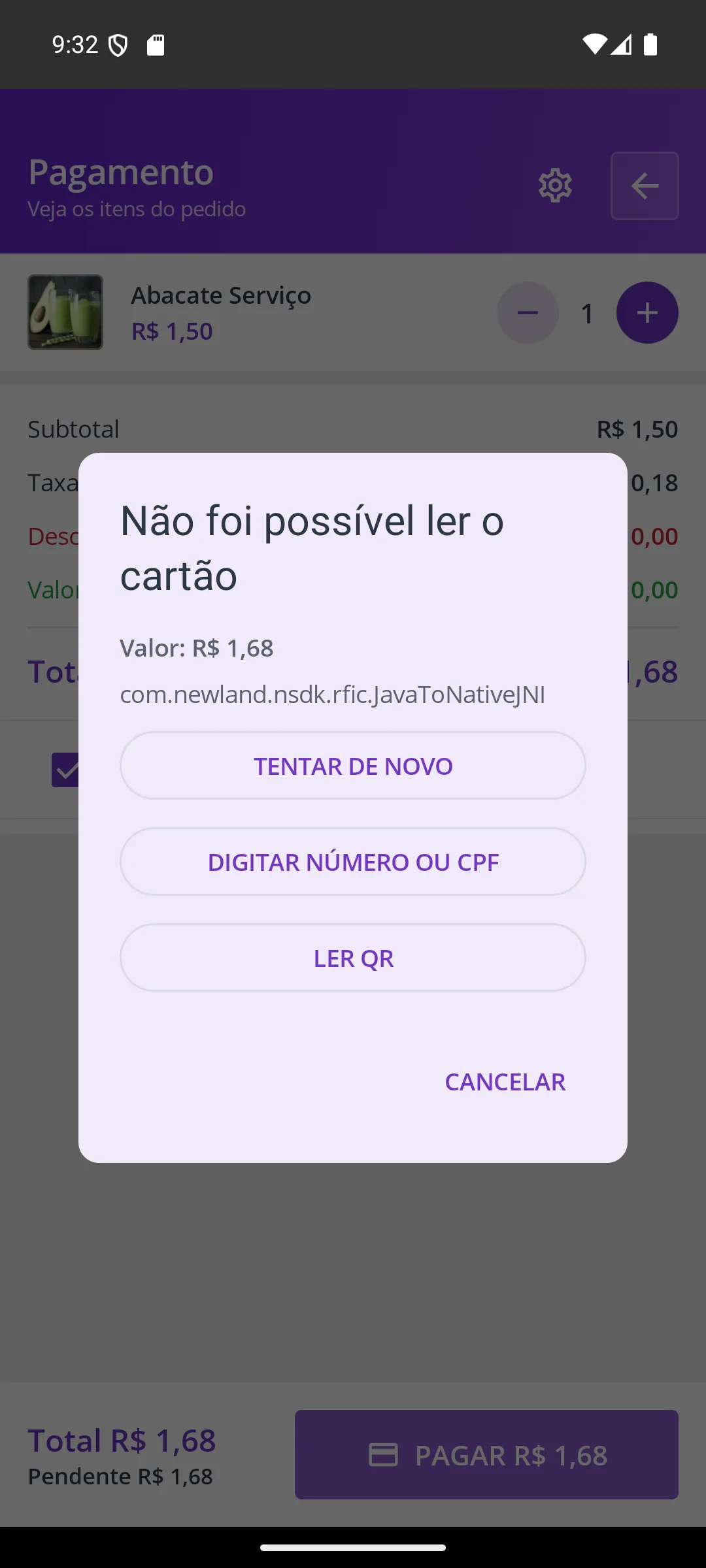 Tela Cashless: leitura do cartão na maquininha