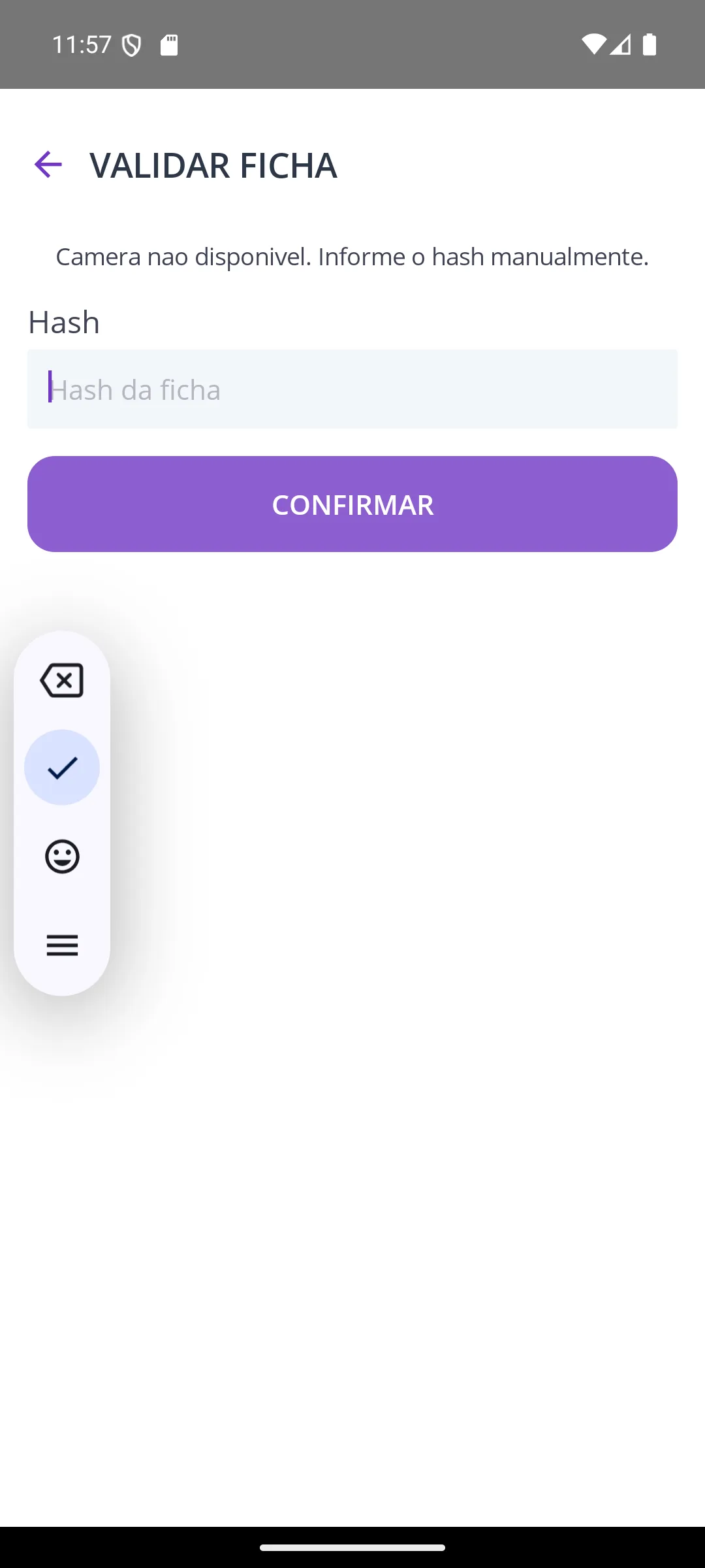 Tela Validar ficha (manual) na maquininha