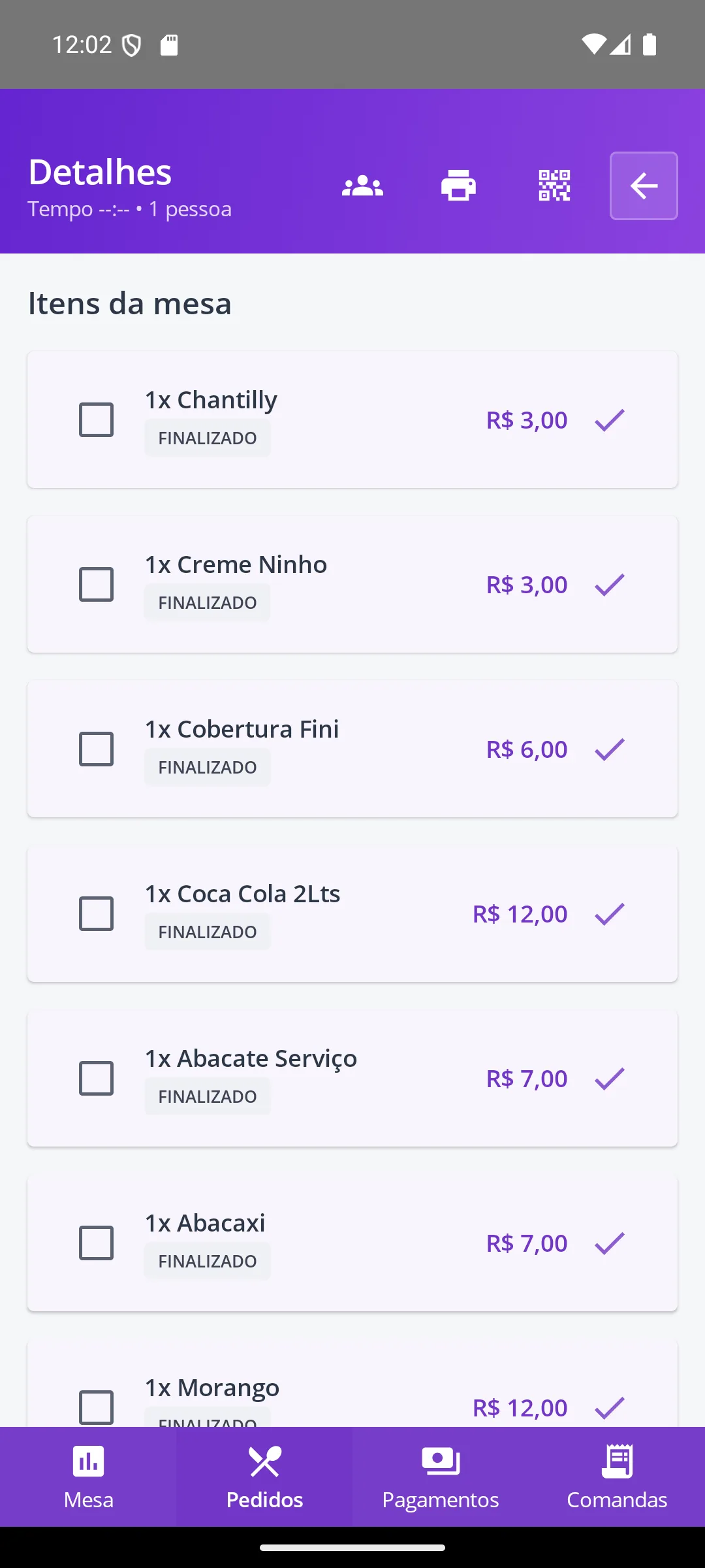 Tela Aba Pedidos na maquininha