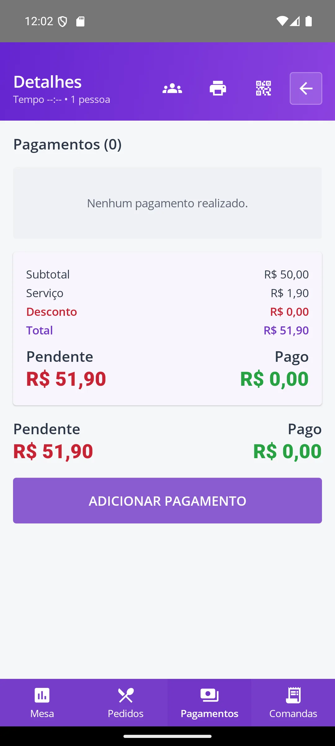 Tela Aba Pagamentos na maquininha