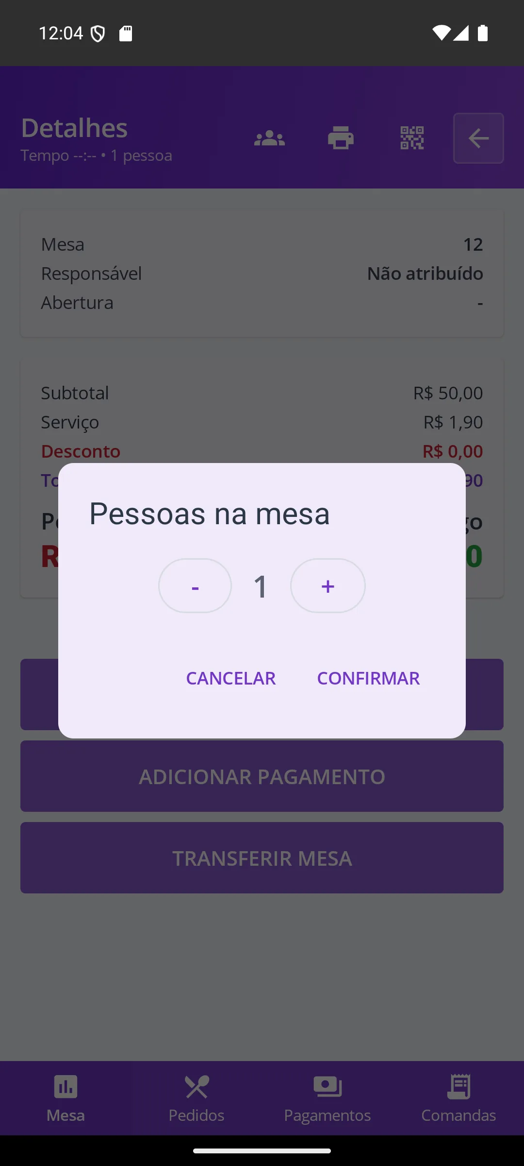 Tela Pessoas na mesa na maquininha
