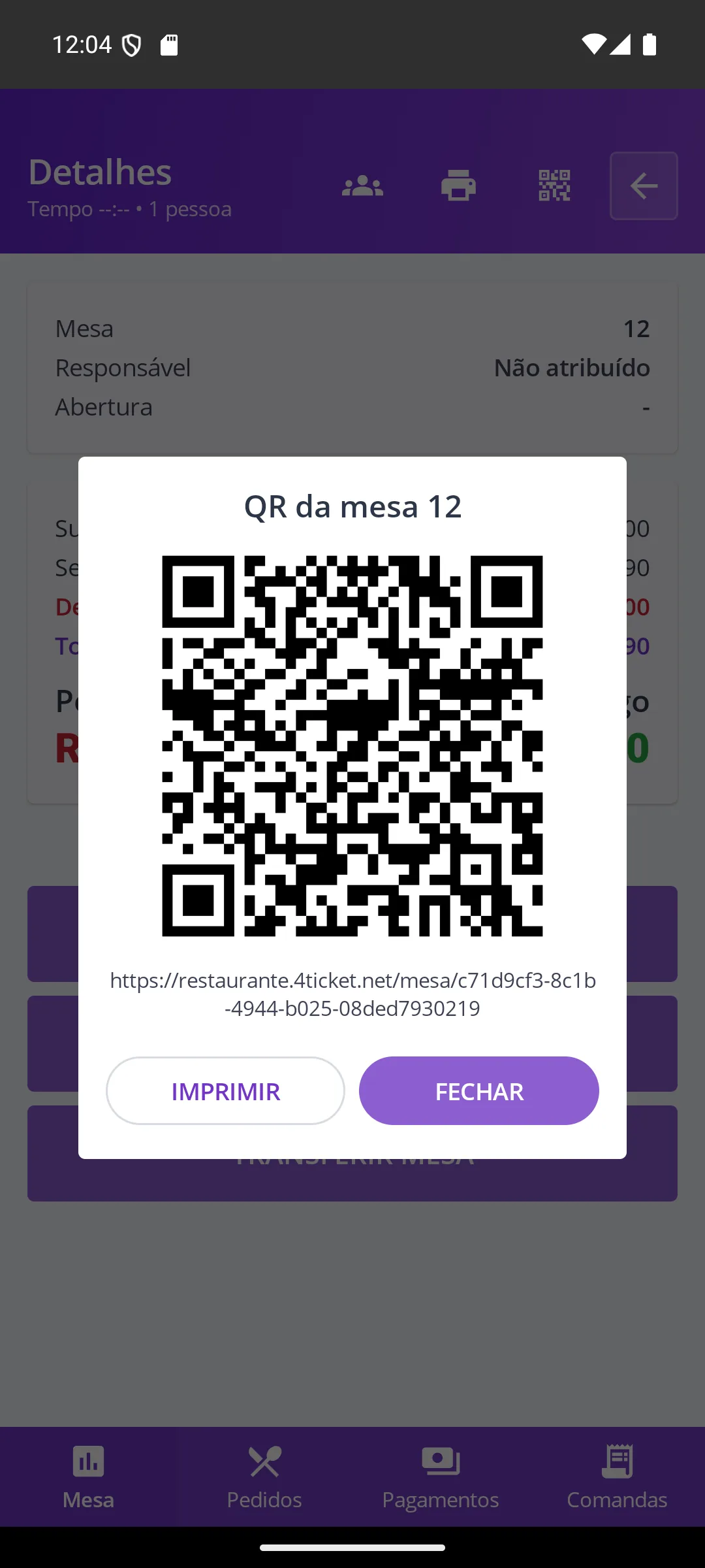 Tela QR da mesa na maquininha