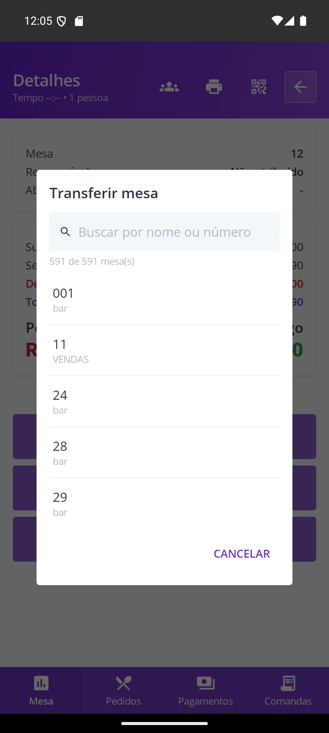 Tela Transferir mesa na maquininha