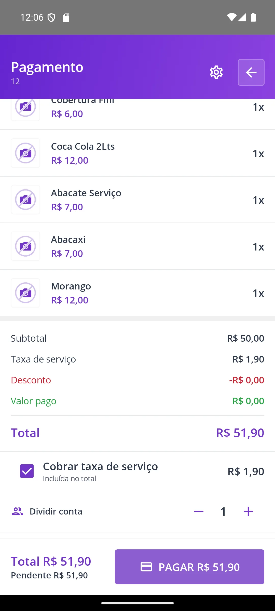 Tela Pagamento da mesa na maquininha