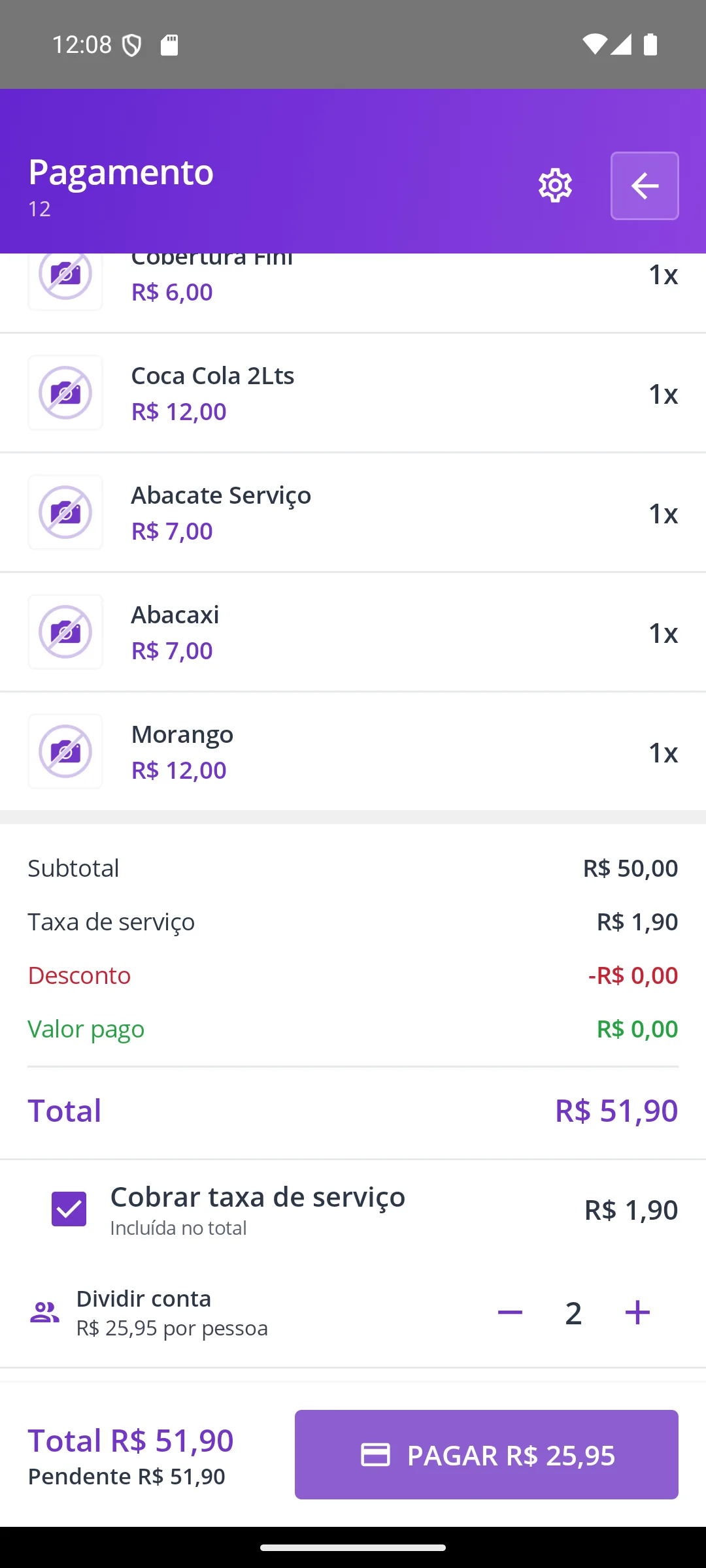 Tela Dividir conta na maquininha
