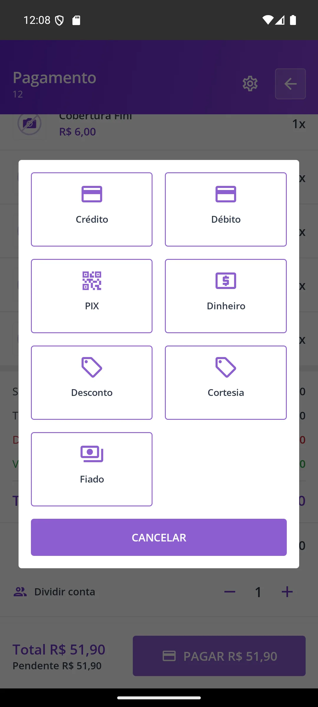 Tela Formas de pagamento da mesa na maquininha
