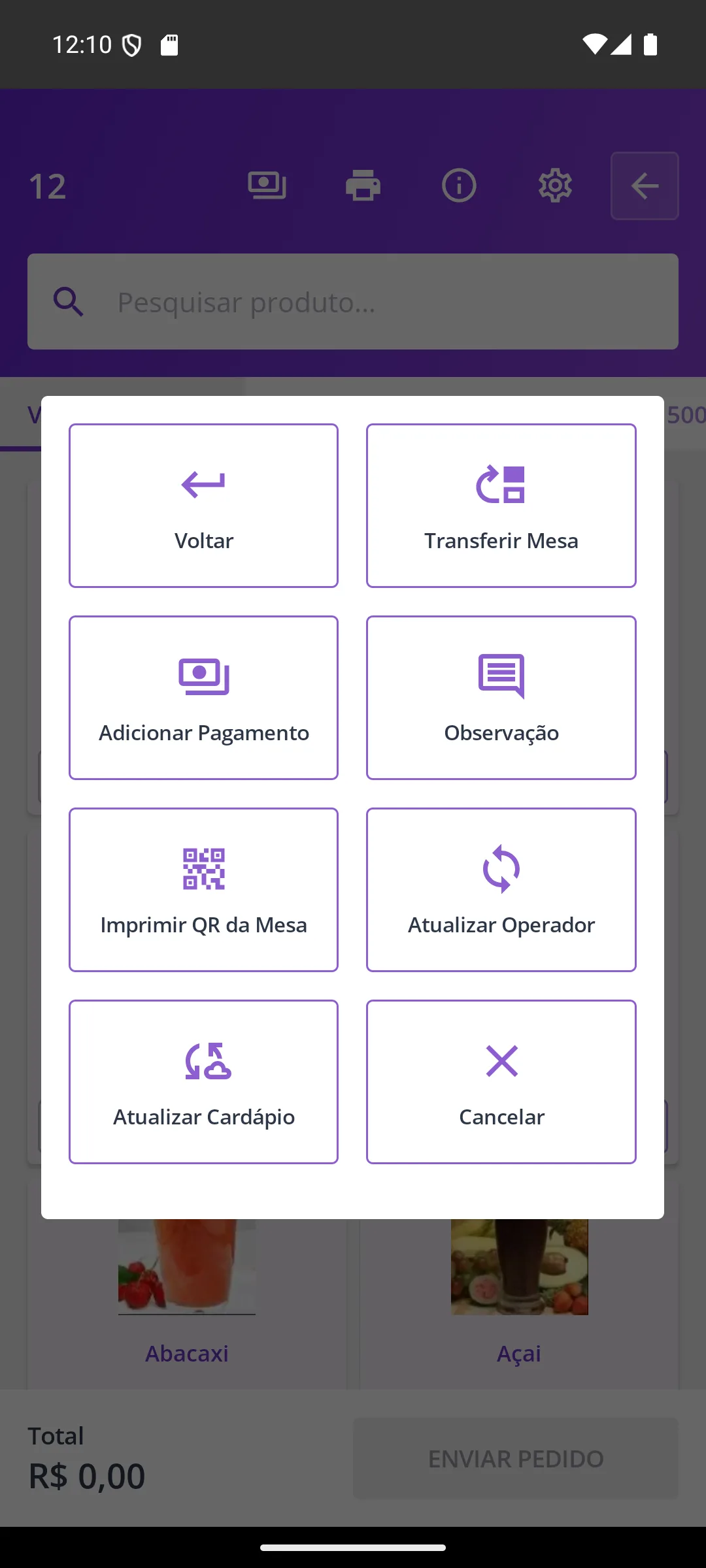 Tela Menu da conta na maquininha