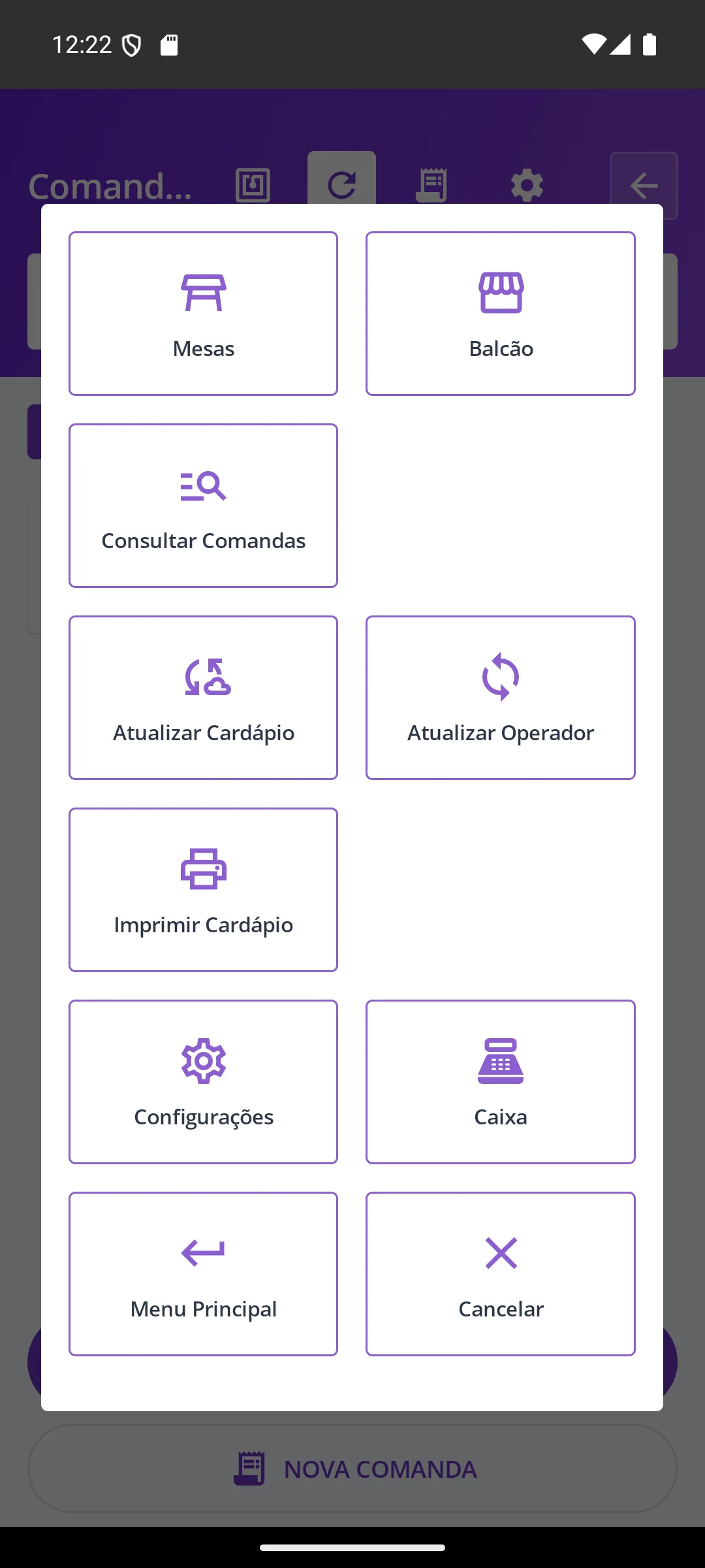 Tela Menu da lista na maquininha