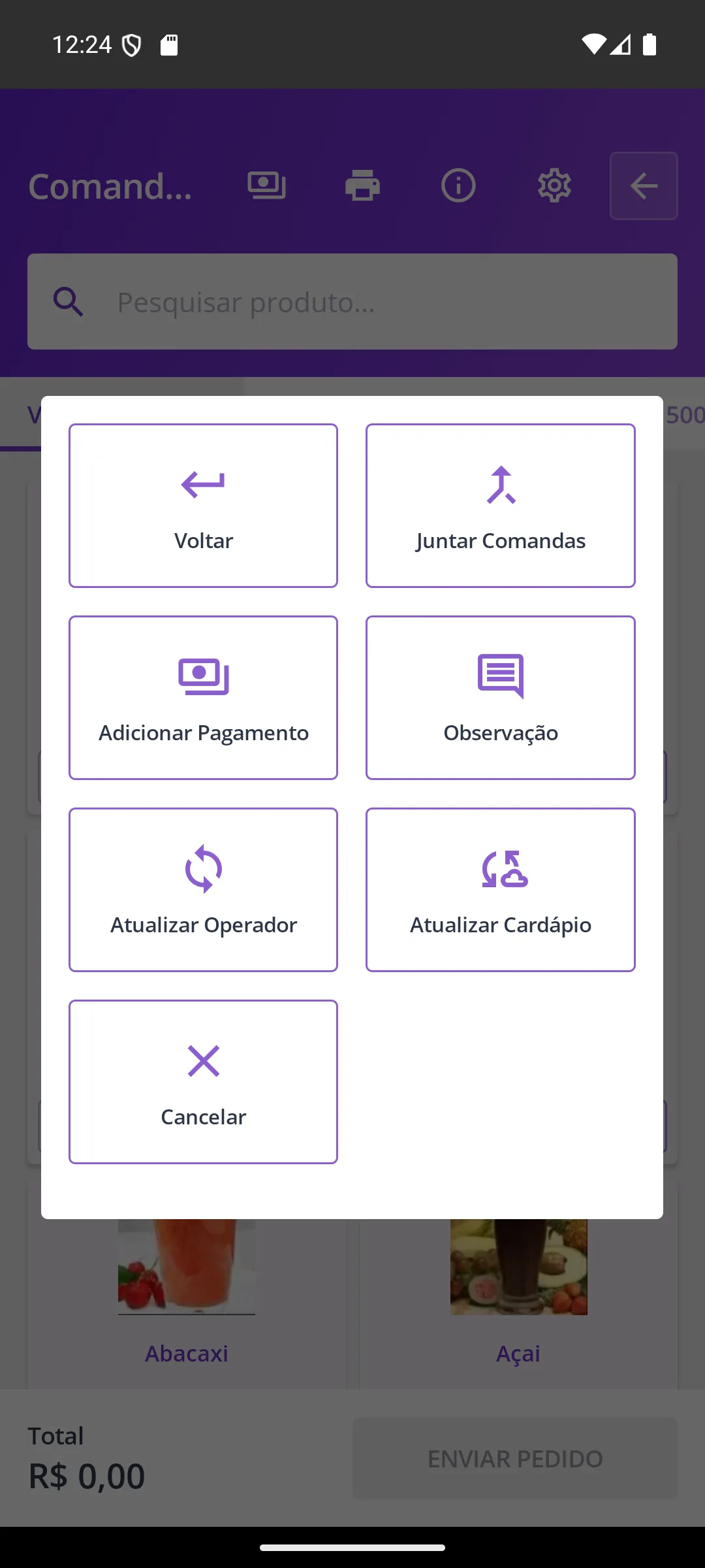 Tela Menu da conta da comanda na maquininha