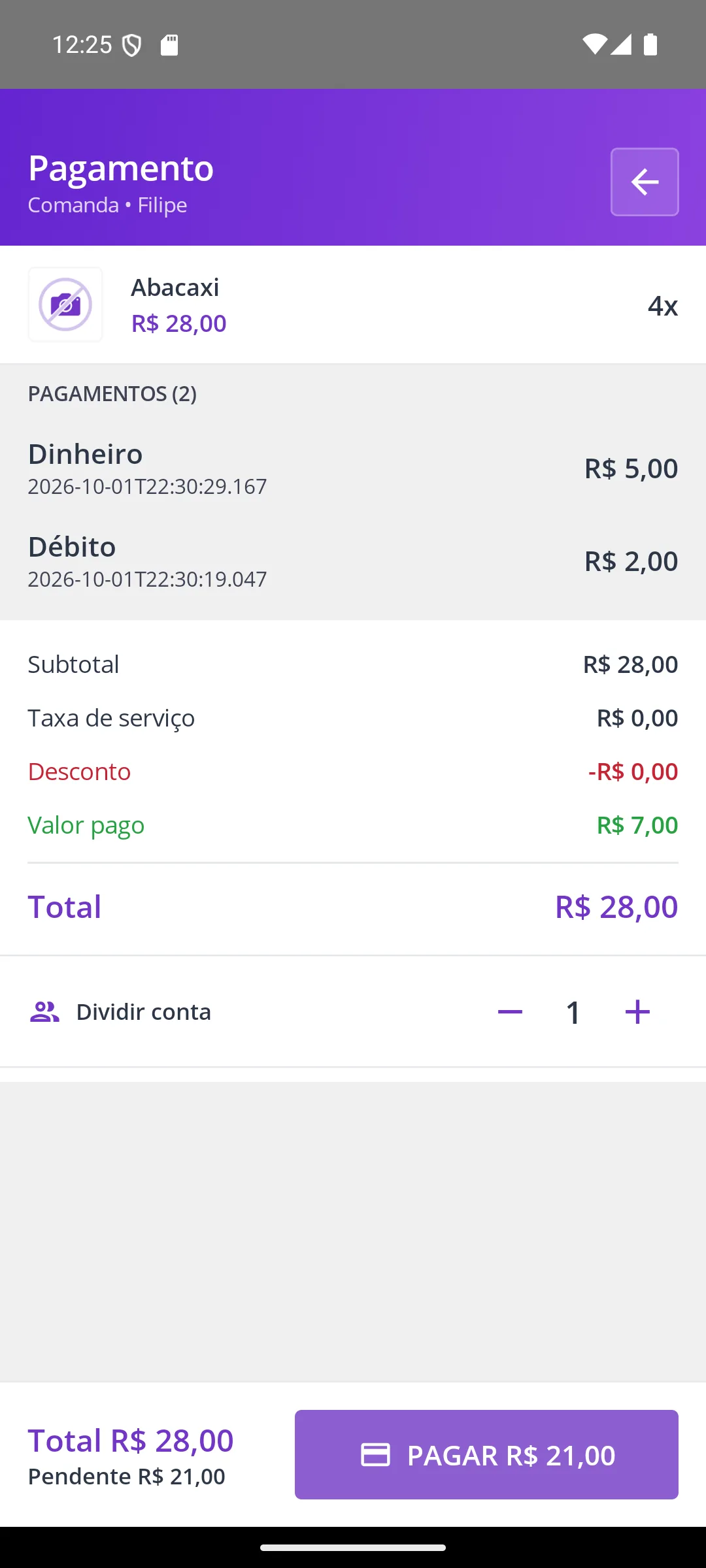 Tela Pagamento da comanda na maquininha