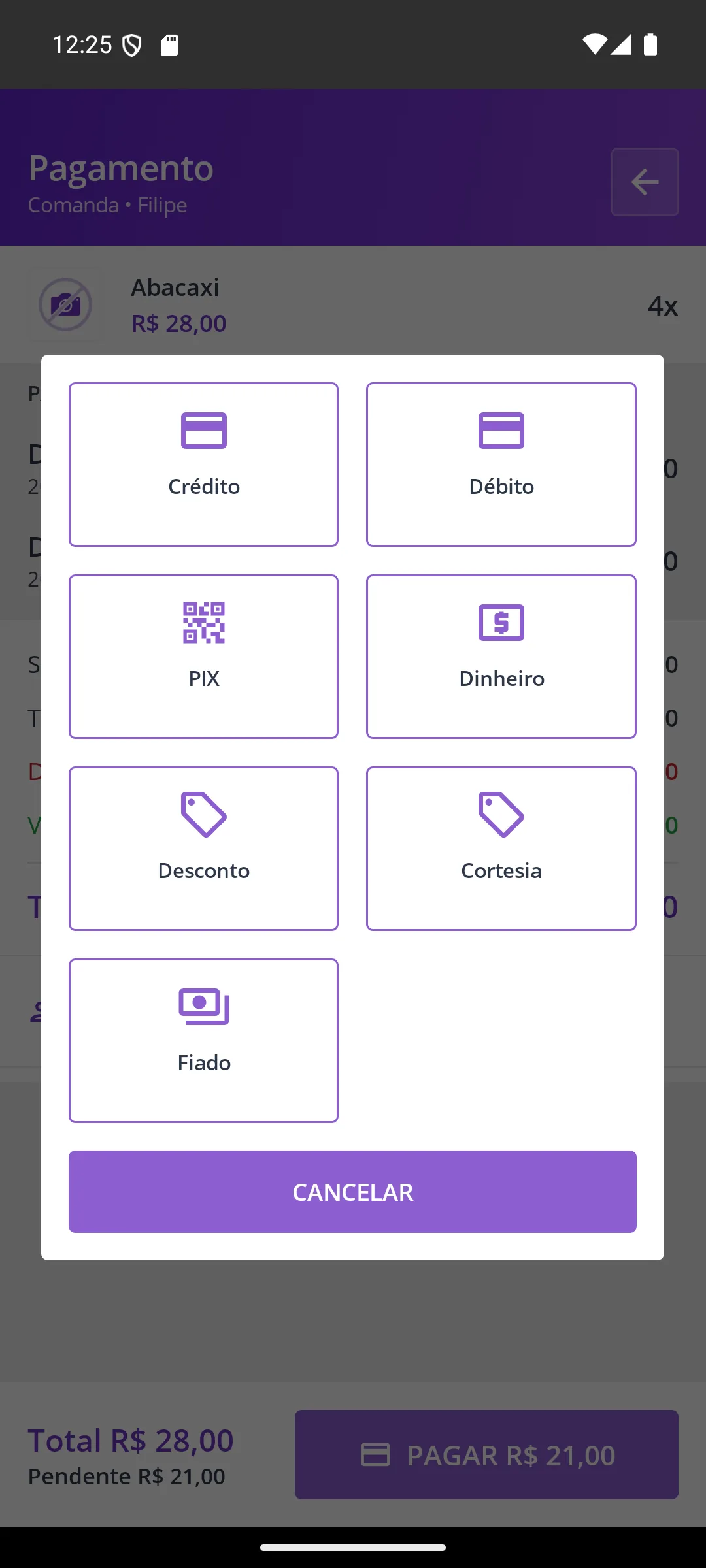 Tela Formas de pagamento da comanda na maquininha