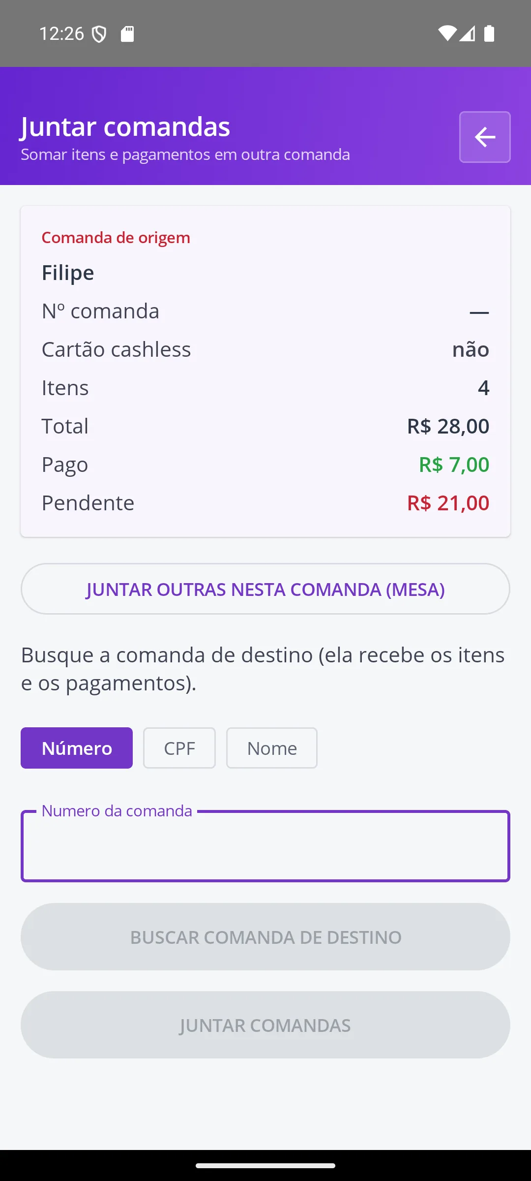 Juntar comandas