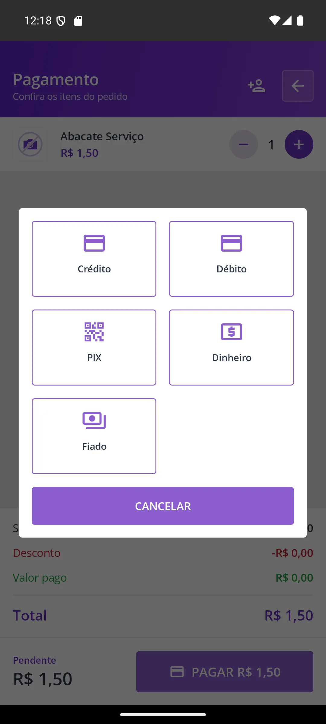 Tela Formas de pagamento do balcão na maquininha