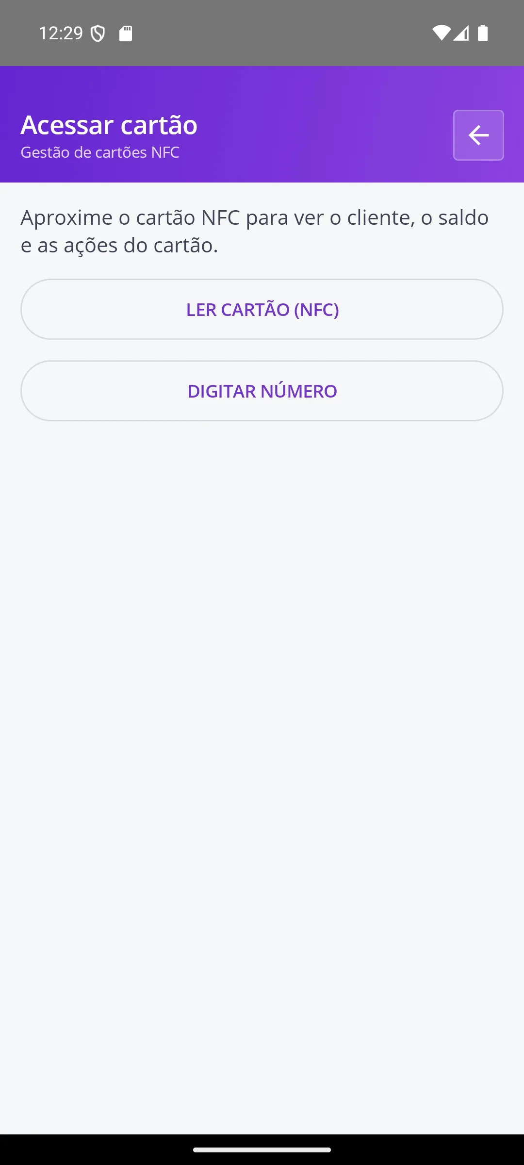 Tela Acessar cartão na maquininha