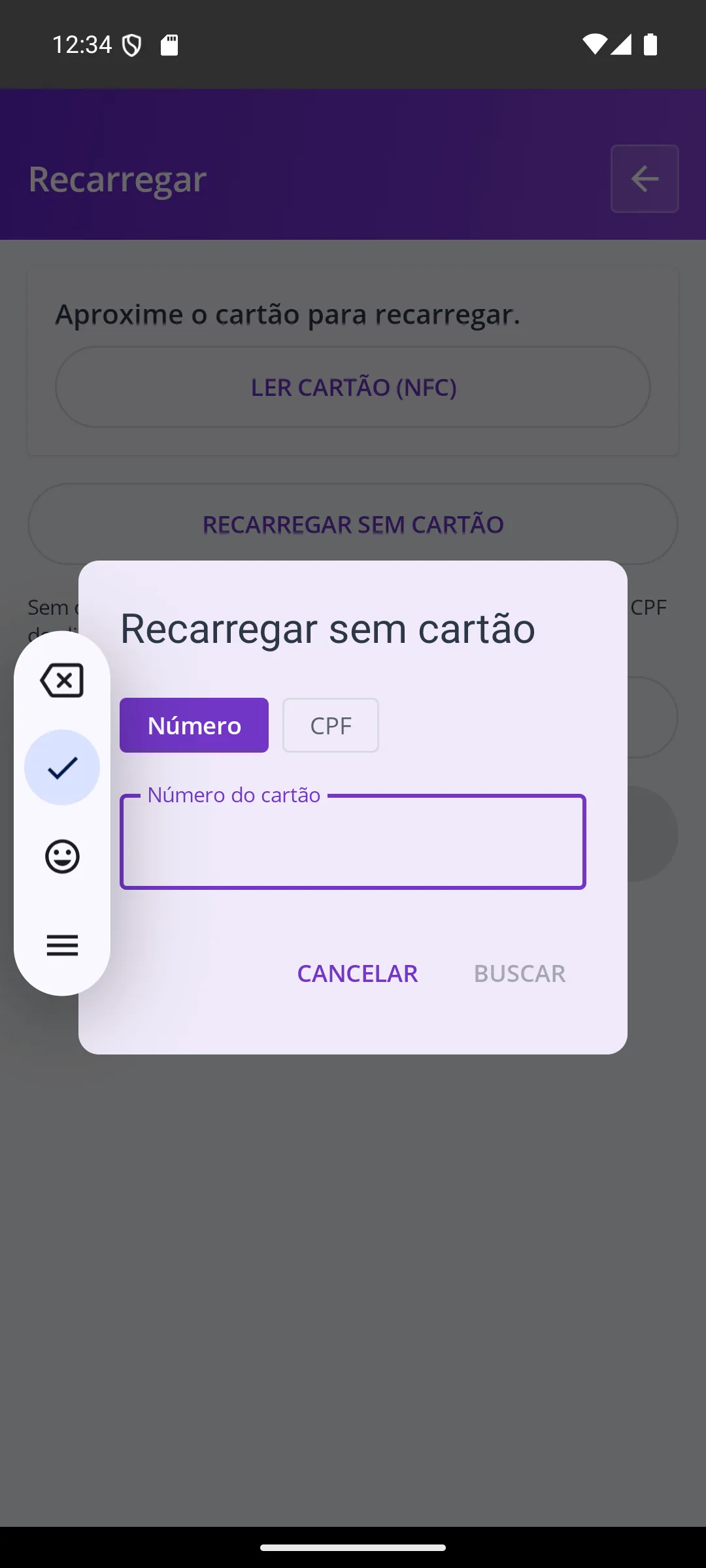 Tela Recarregar sem cartão na maquininha