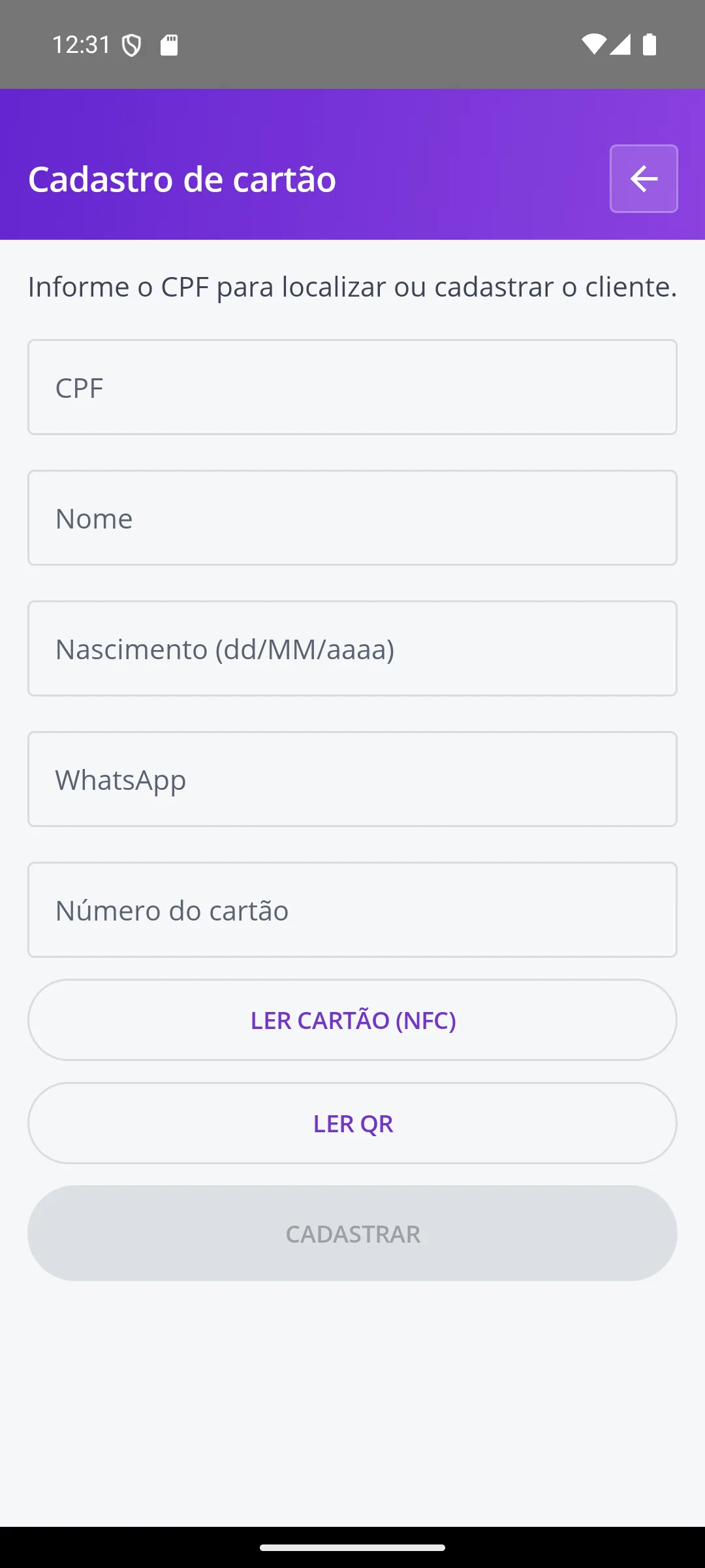 Tela Cadastro na maquininha