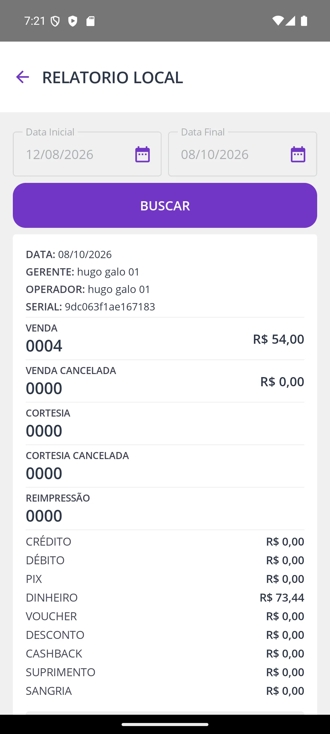 Tela Relatório local na maquininha