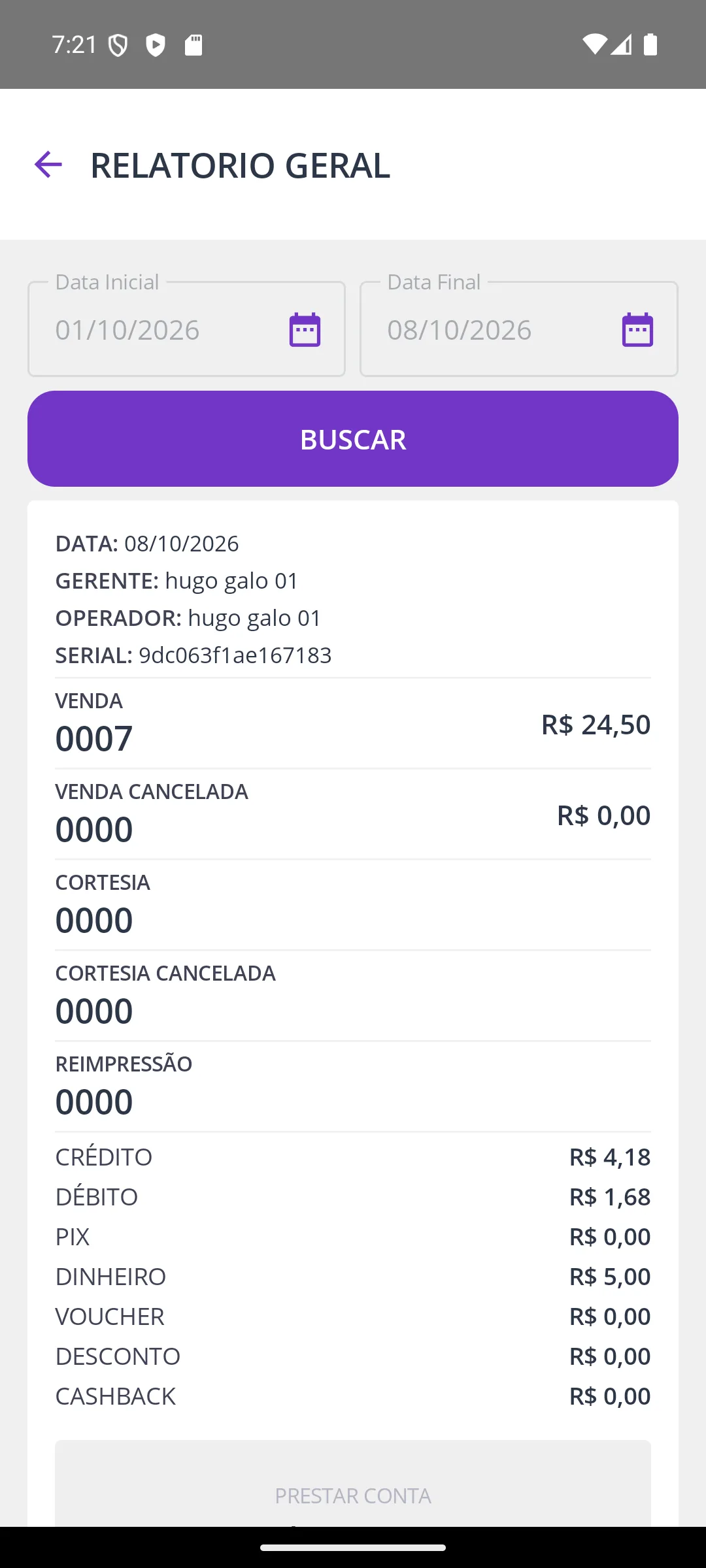 Tela Relatório geral na maquininha