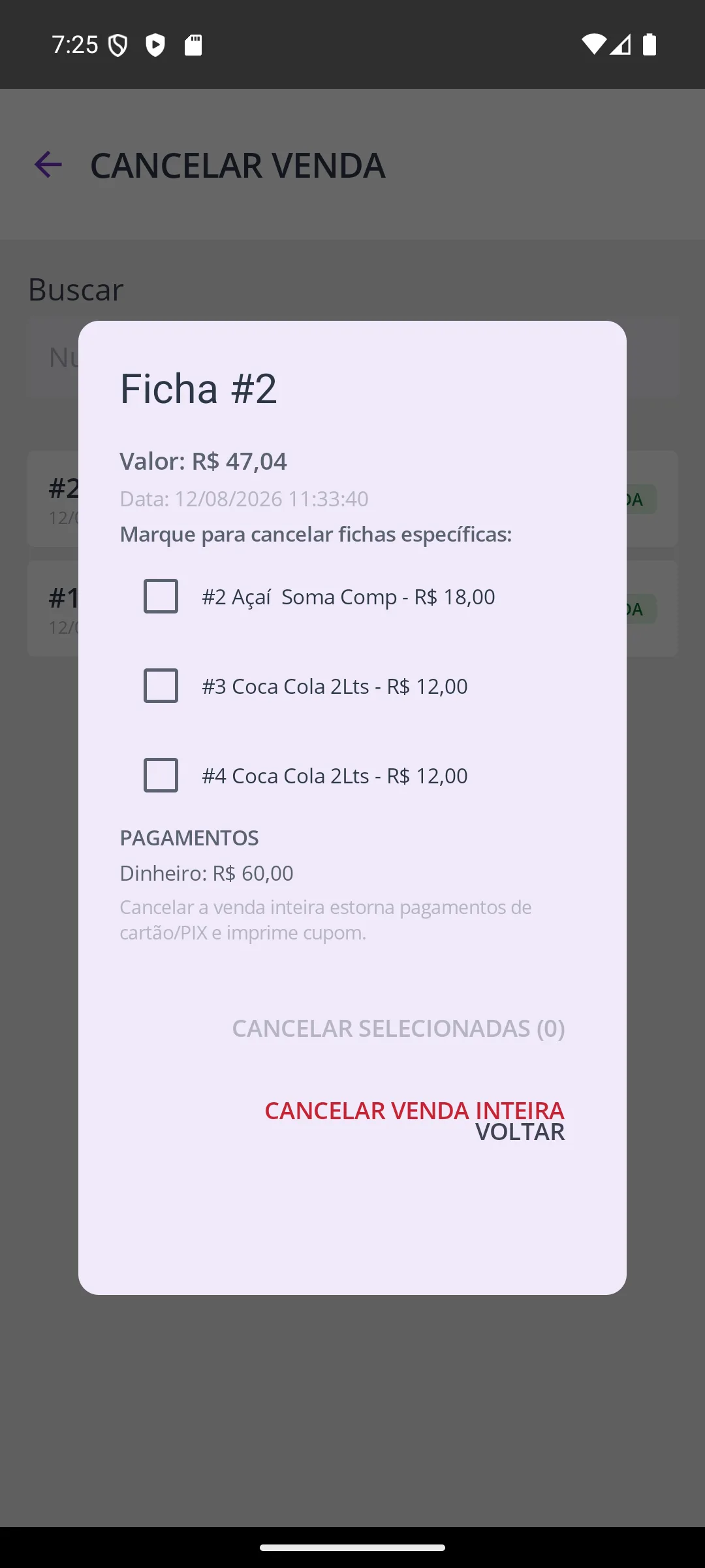 Tela Cancelar venda (detalhe) na maquininha