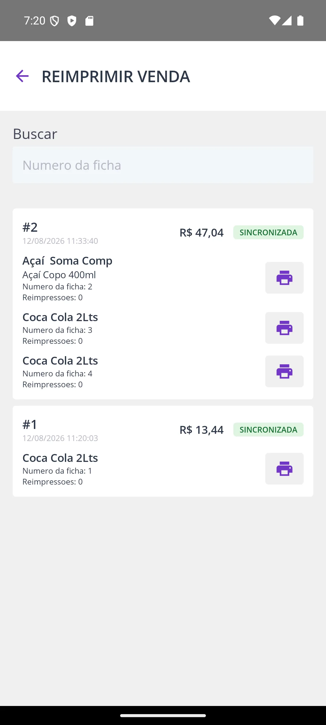 Tela Reimprimir venda na maquininha