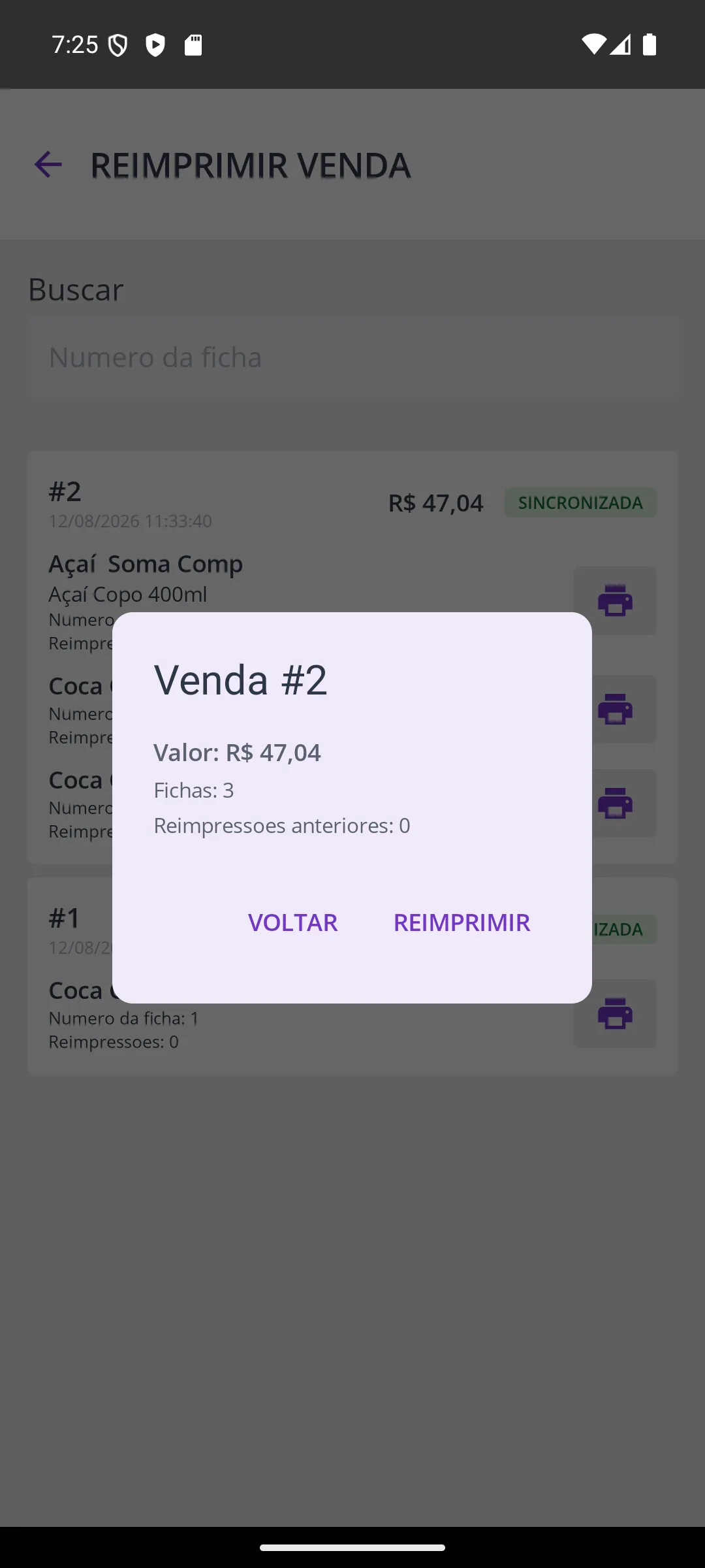 Tela Reimprimir venda (detalhe) na maquininha