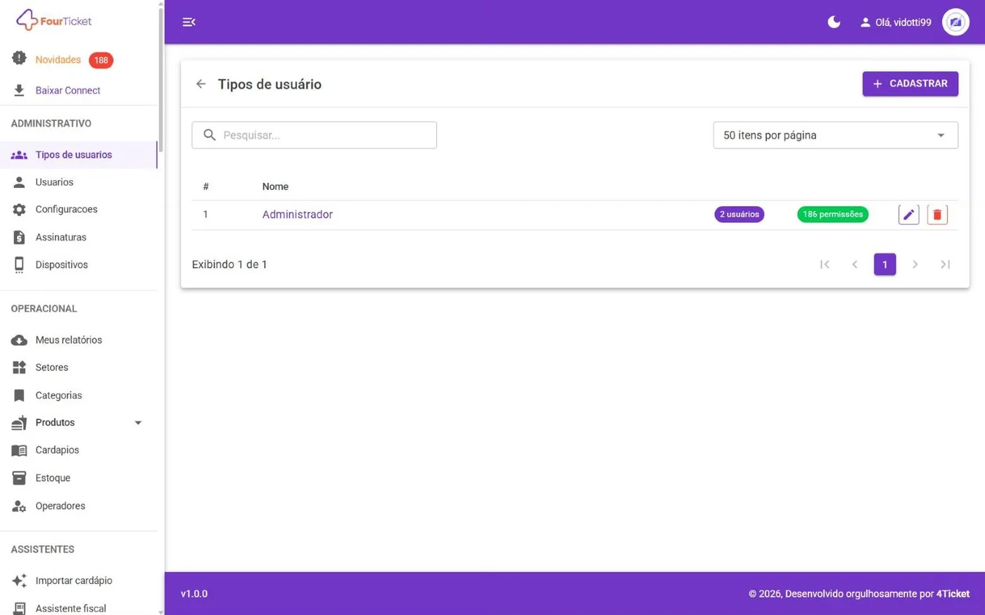 Tela Tipos de usuários no computador
