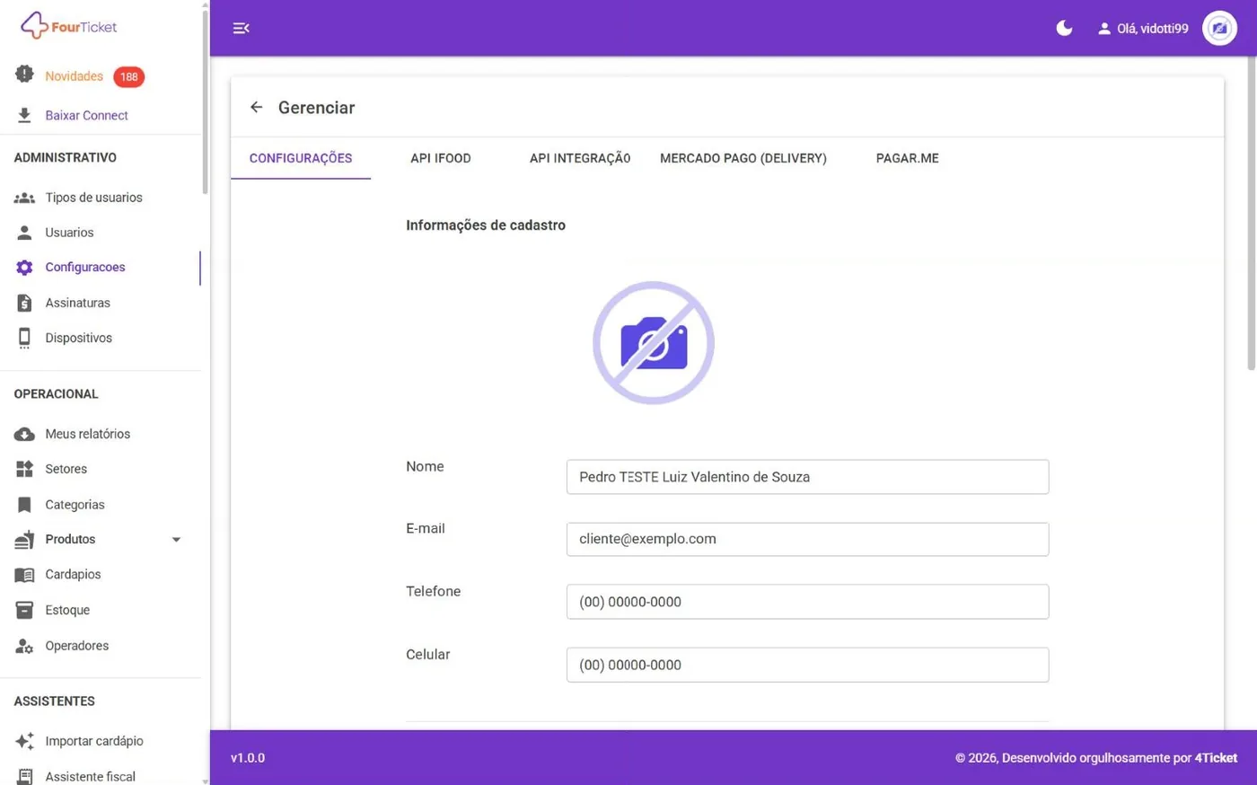 Tela Configurações no computador