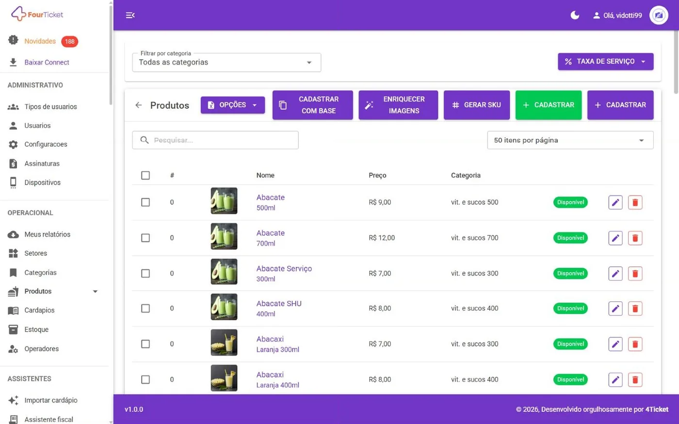 Tela Produtos no computador