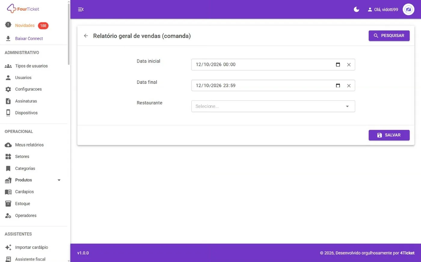 Tela Relatório – Comanda no computador