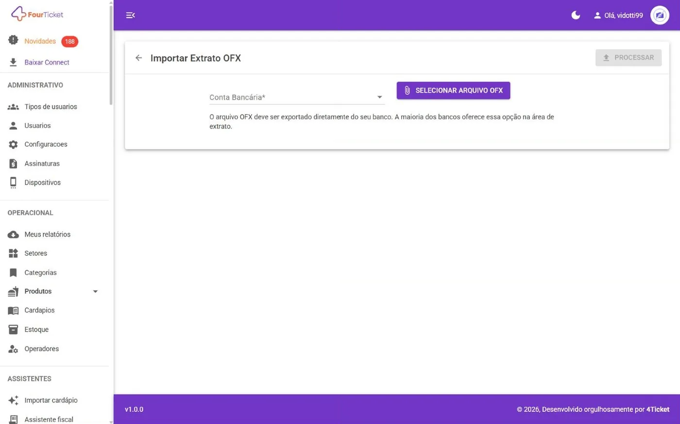 Tela Importar OFX no computador