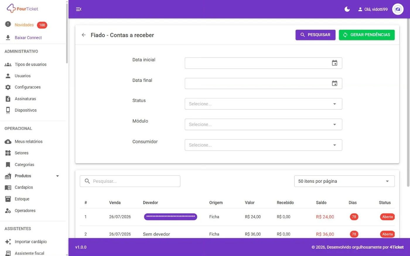 Tela Contas a receber no computador