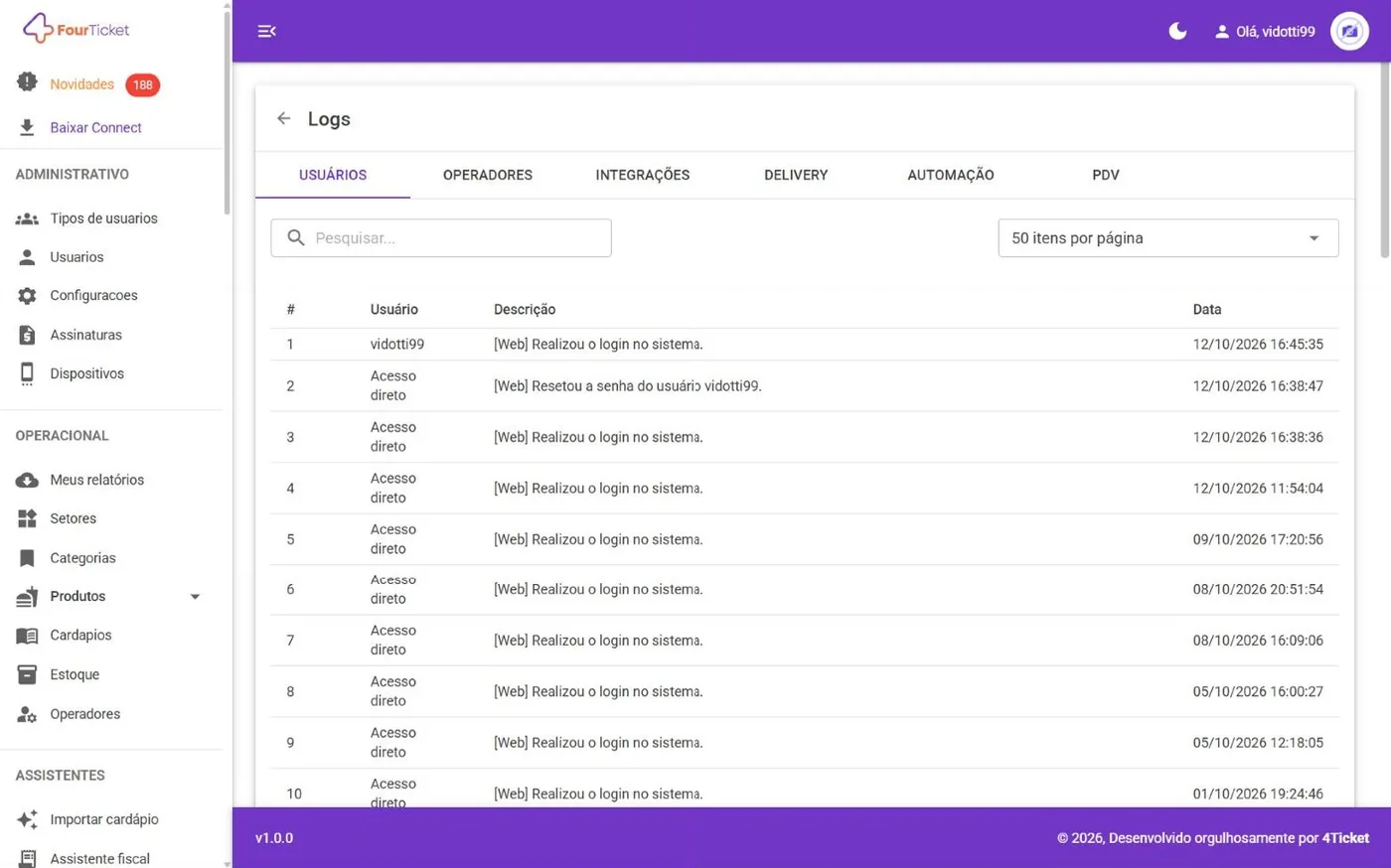 Tela Logs do sistema no computador