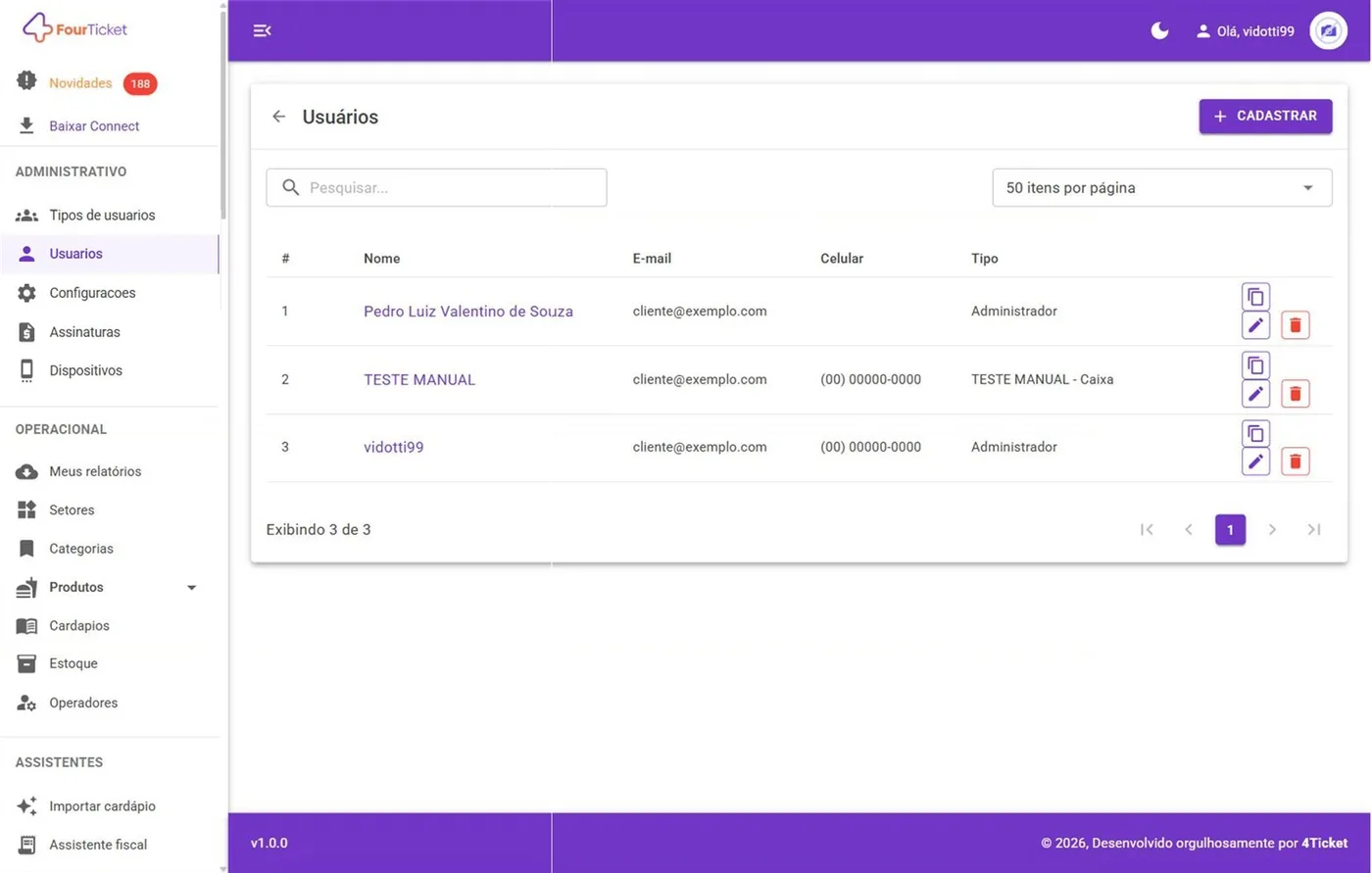Pronto: o usuário aparece na lista com o tipo escolhido