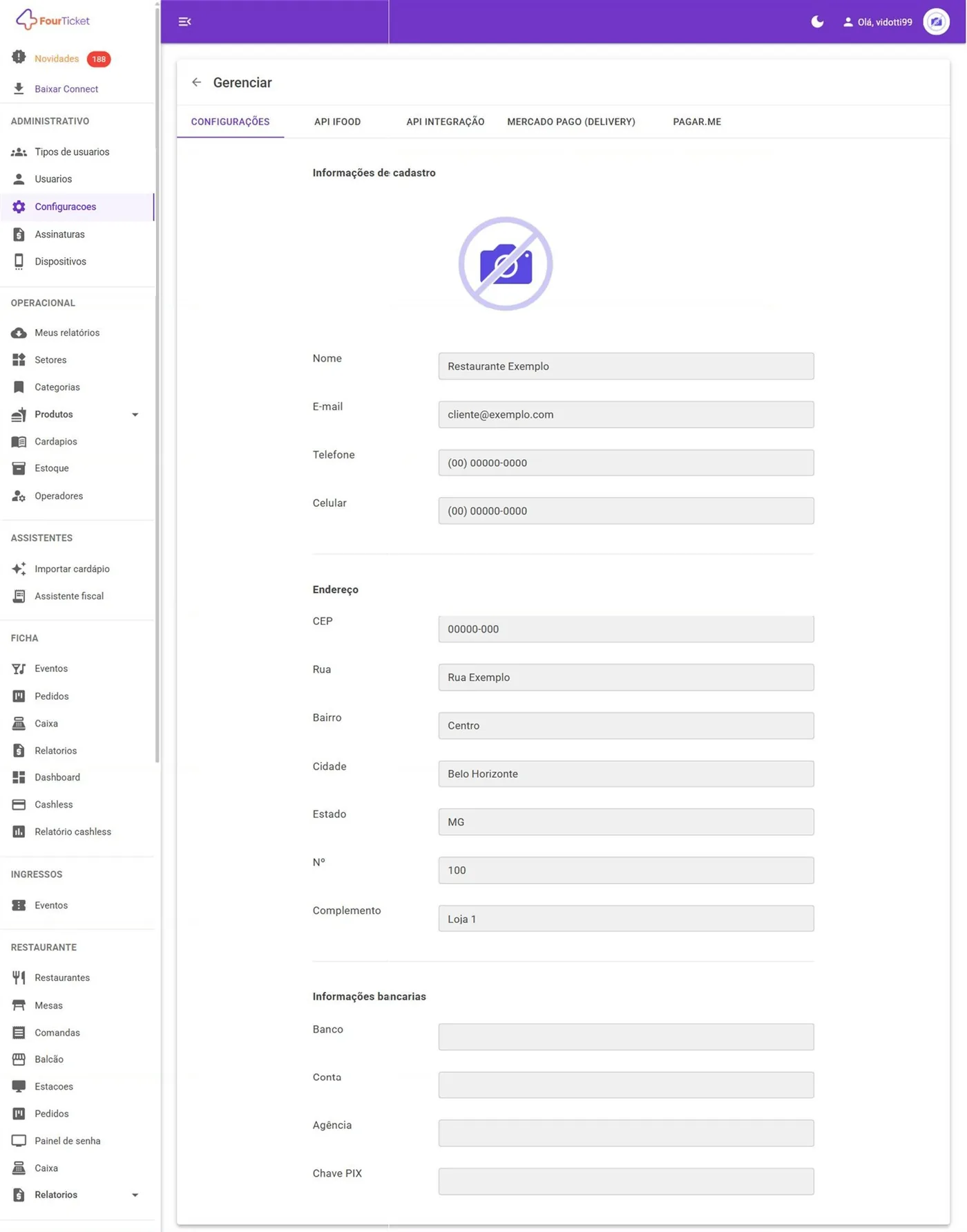 Aba CONFIGURAÇÕES: dados da empresa
